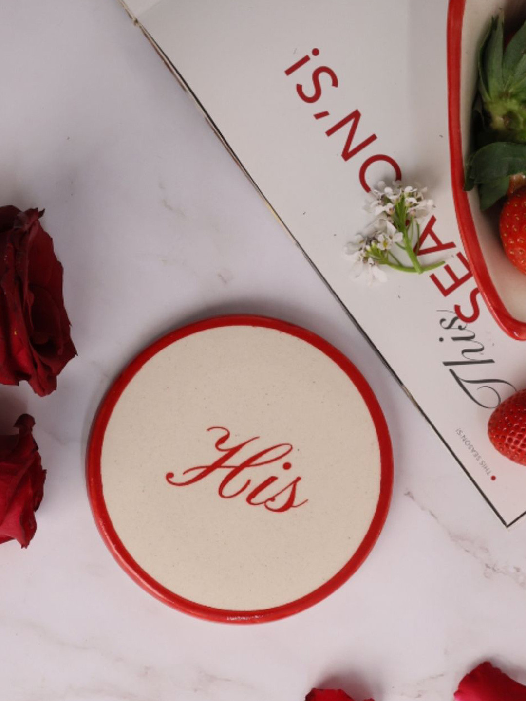 WEAVING HOMES Red & White His Printed Ceramic Round Coaster