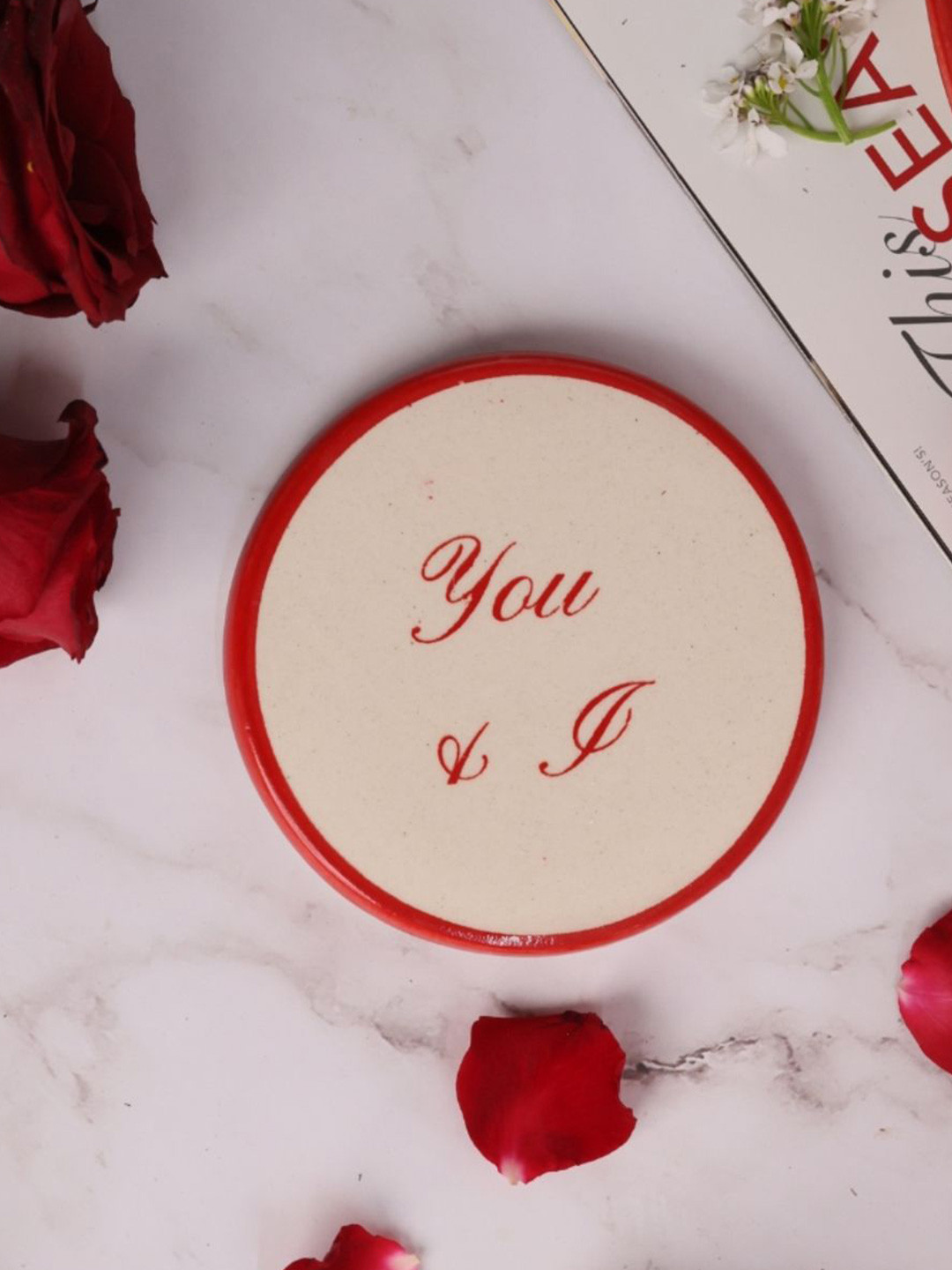 WEAVING HOMES Red & Cream-Coloured You & I Ceramic Coaster