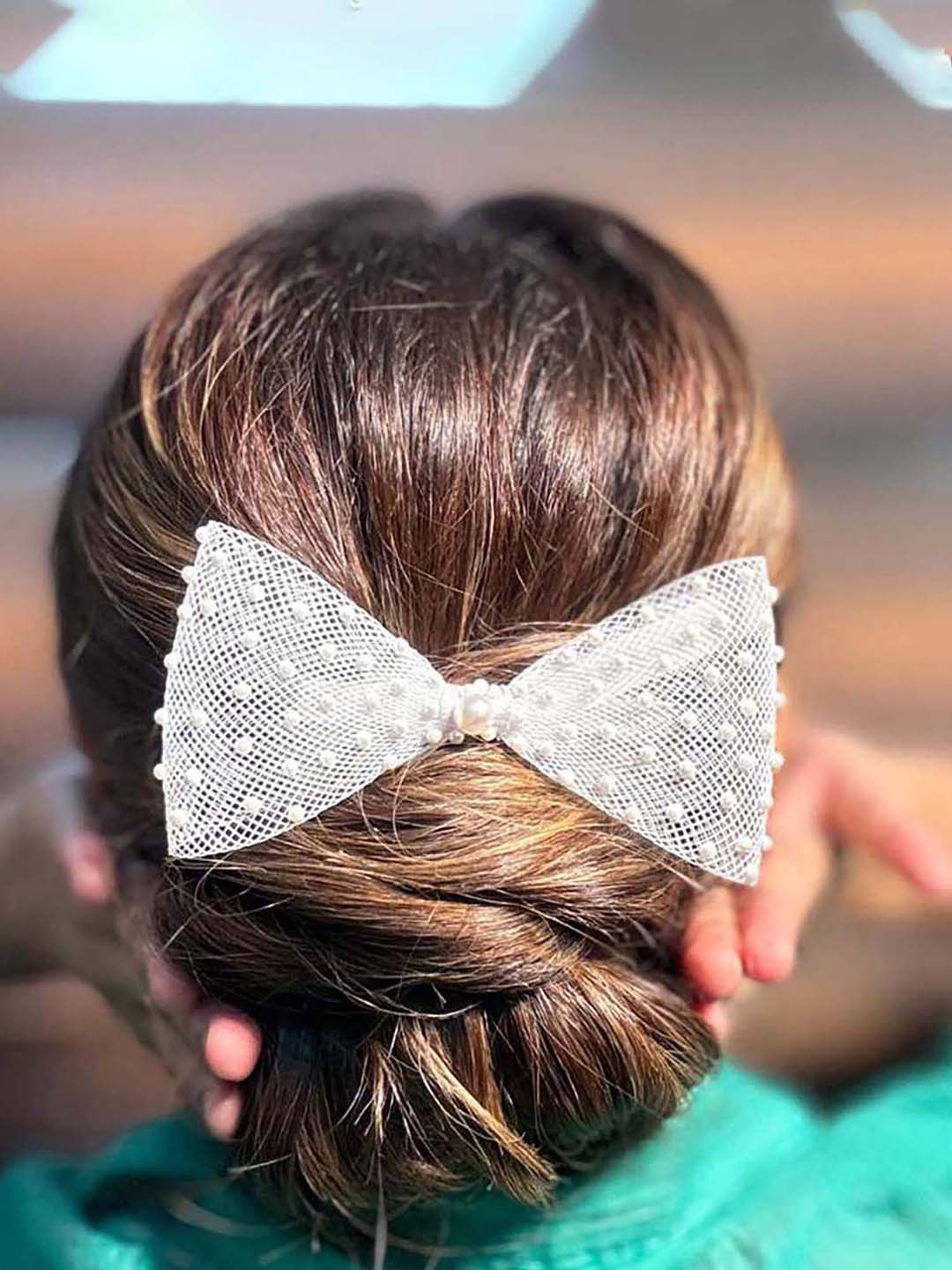 HAIR DRAMA CO. HDC x Emily in Paris Pearl Embellished Net Hair Bow Alligator Clip