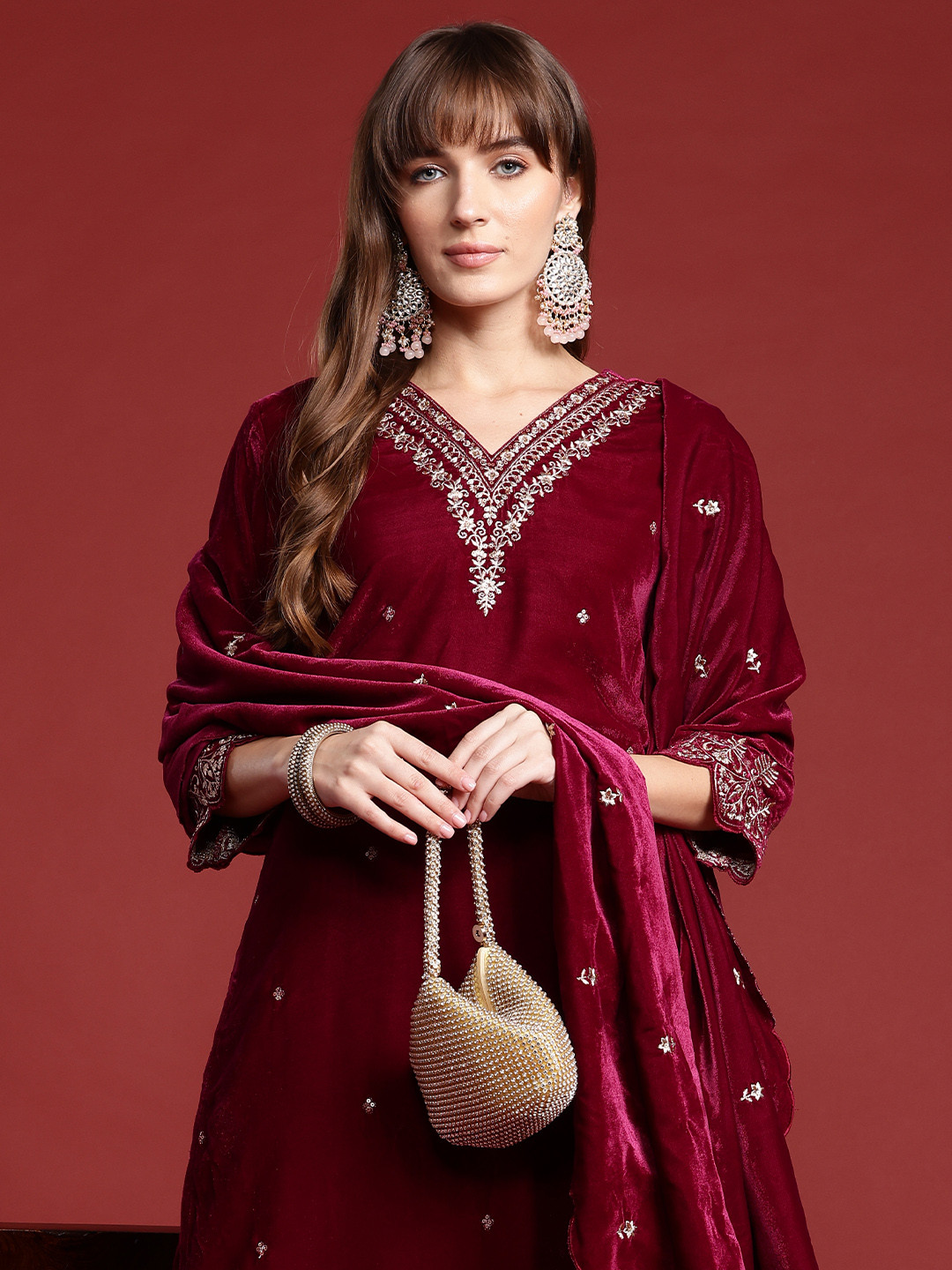 Indo Era Zari & Sequin Embroidered Velvet Kurta with Trousers & Scalloped Dupatta