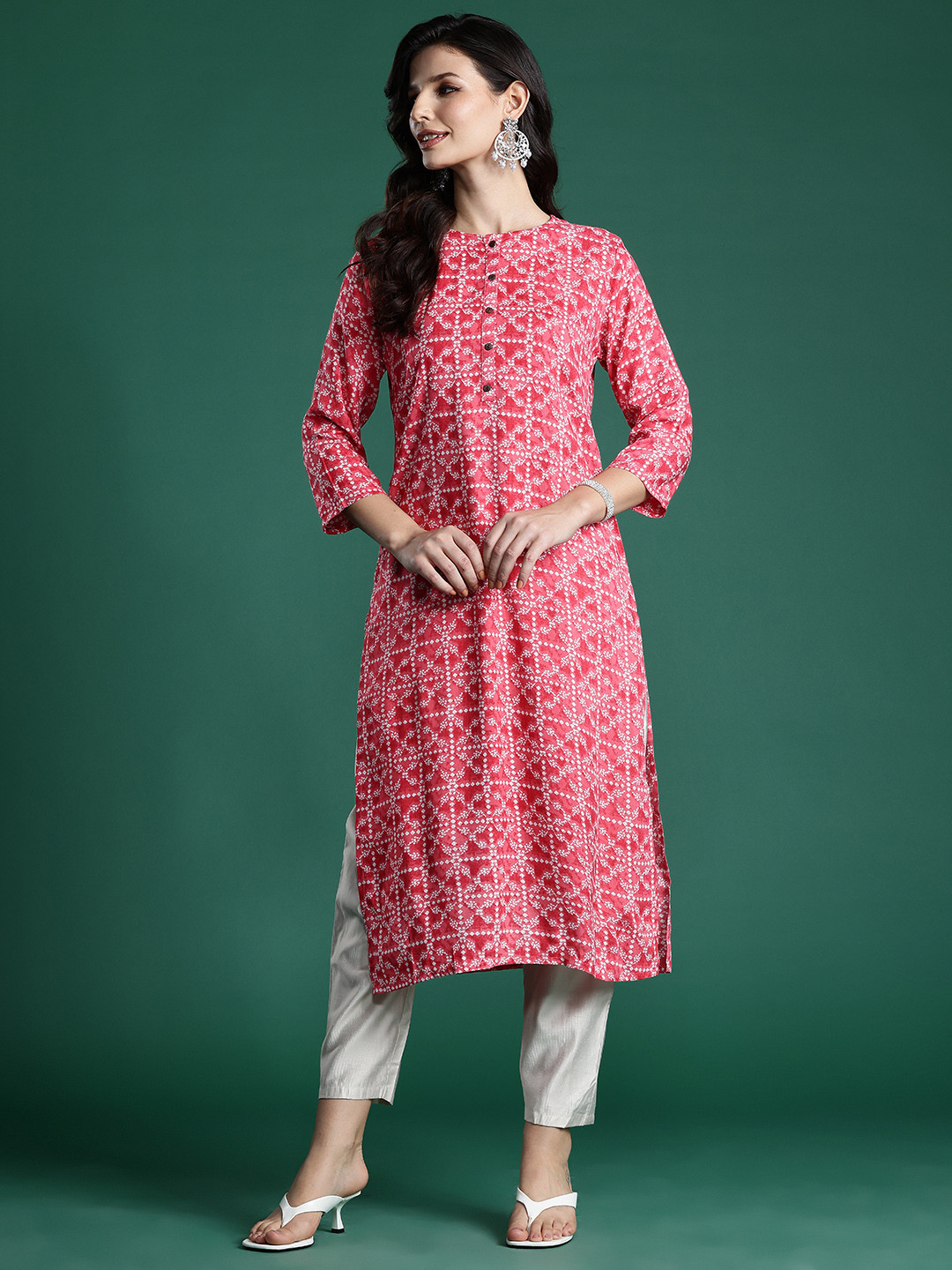 Indo Era Round Neck Half-Button Closure Bandhani Printed Straight Kurta