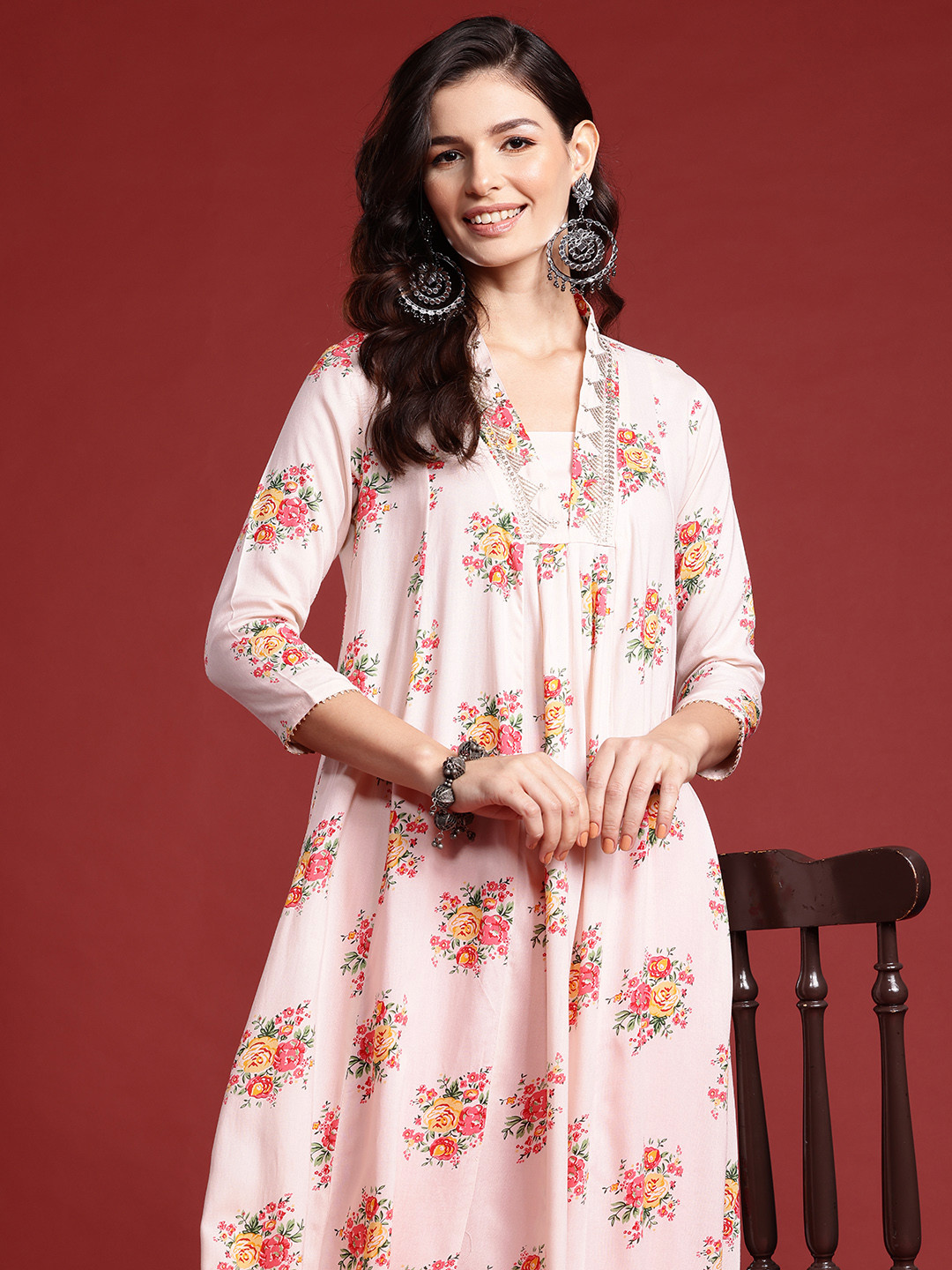Indo Era Floral Printed Threadwork Detailed Panelled A-Line Kurta