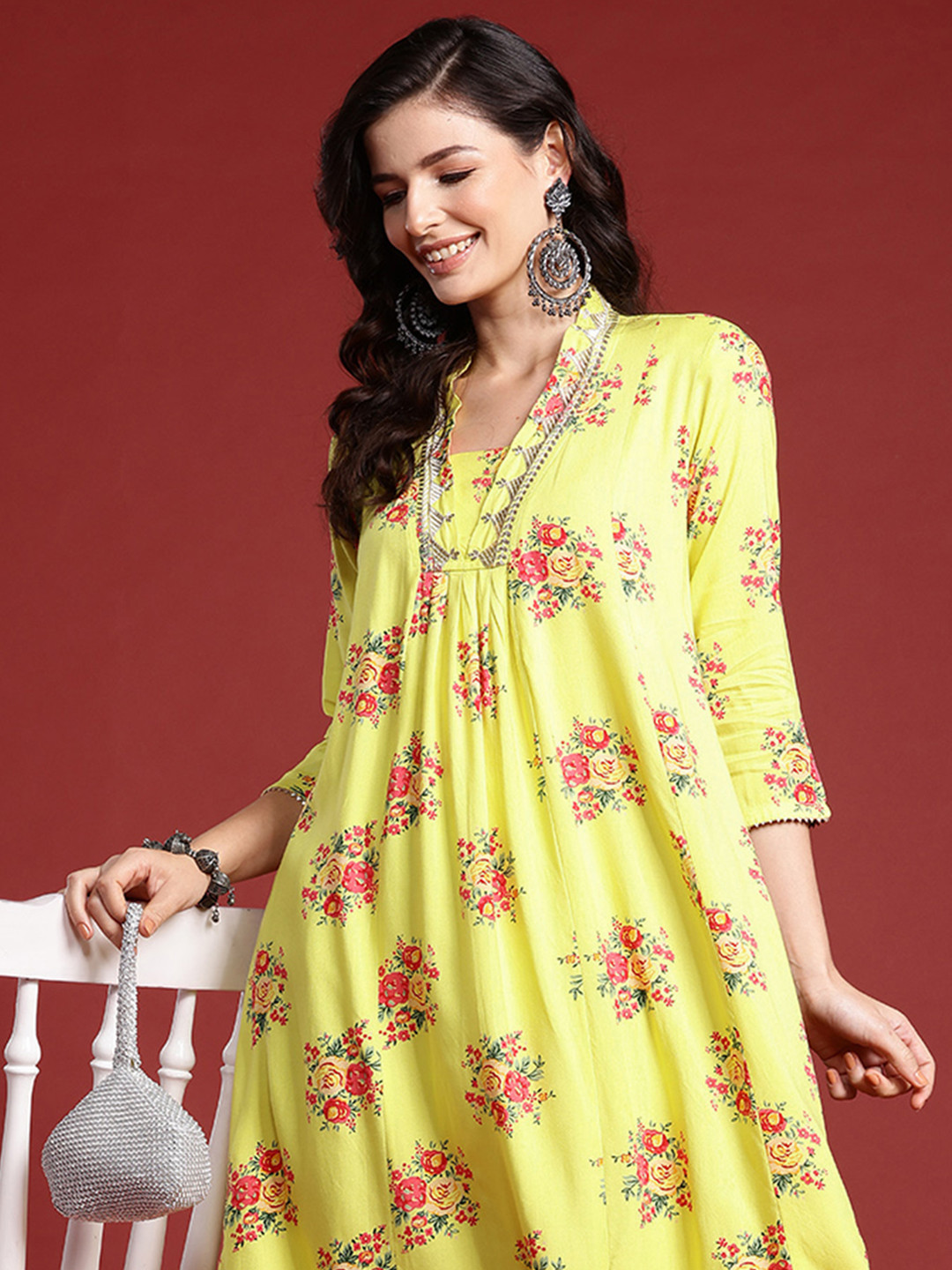 Indo Era Zari Embroidered Floral Printed Gota Patti Detailed A-Line Kurta