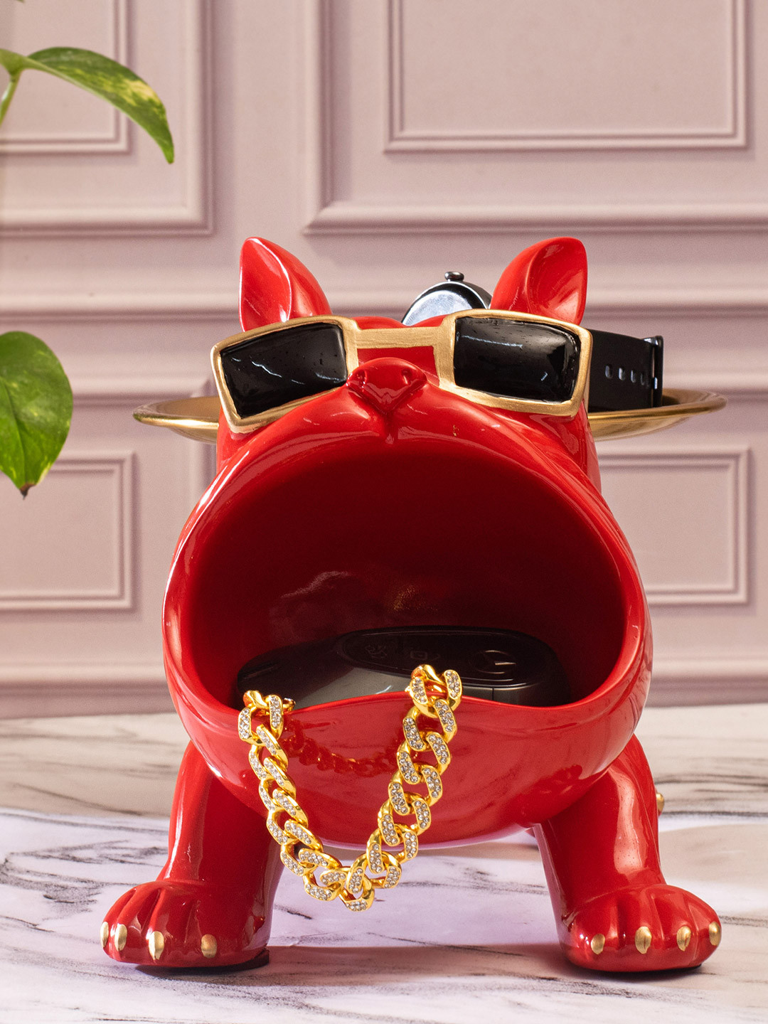 SMOKEY COCKTAIL Bulldog Storage Butler Red Polyresin Glossy Living Room Large Showpiece - 6.7 Inches