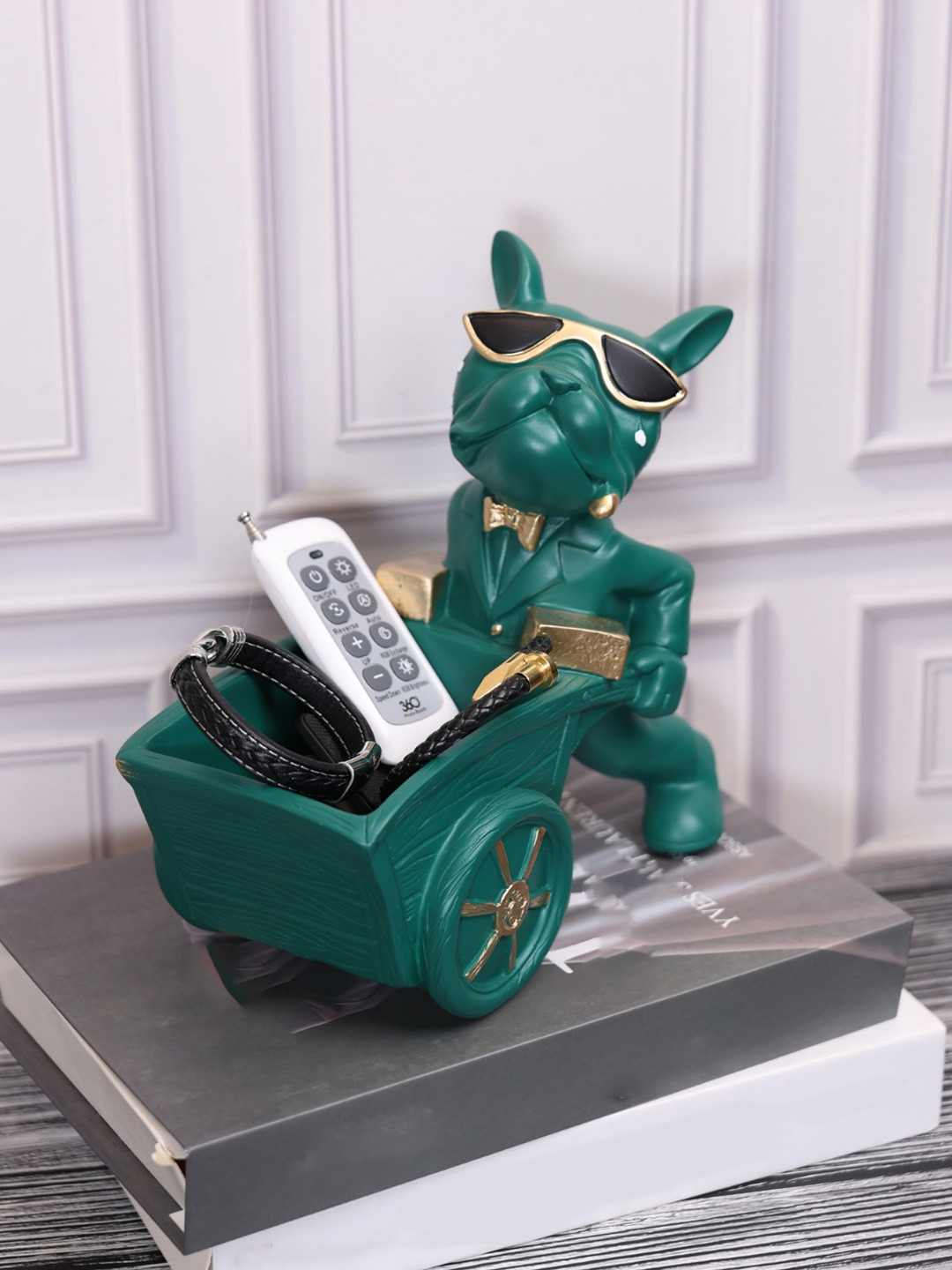 SMOKEY COCKTAIL Bulldog Carrying Cart Green Polyresin Matte Living Room Large Showpiece -