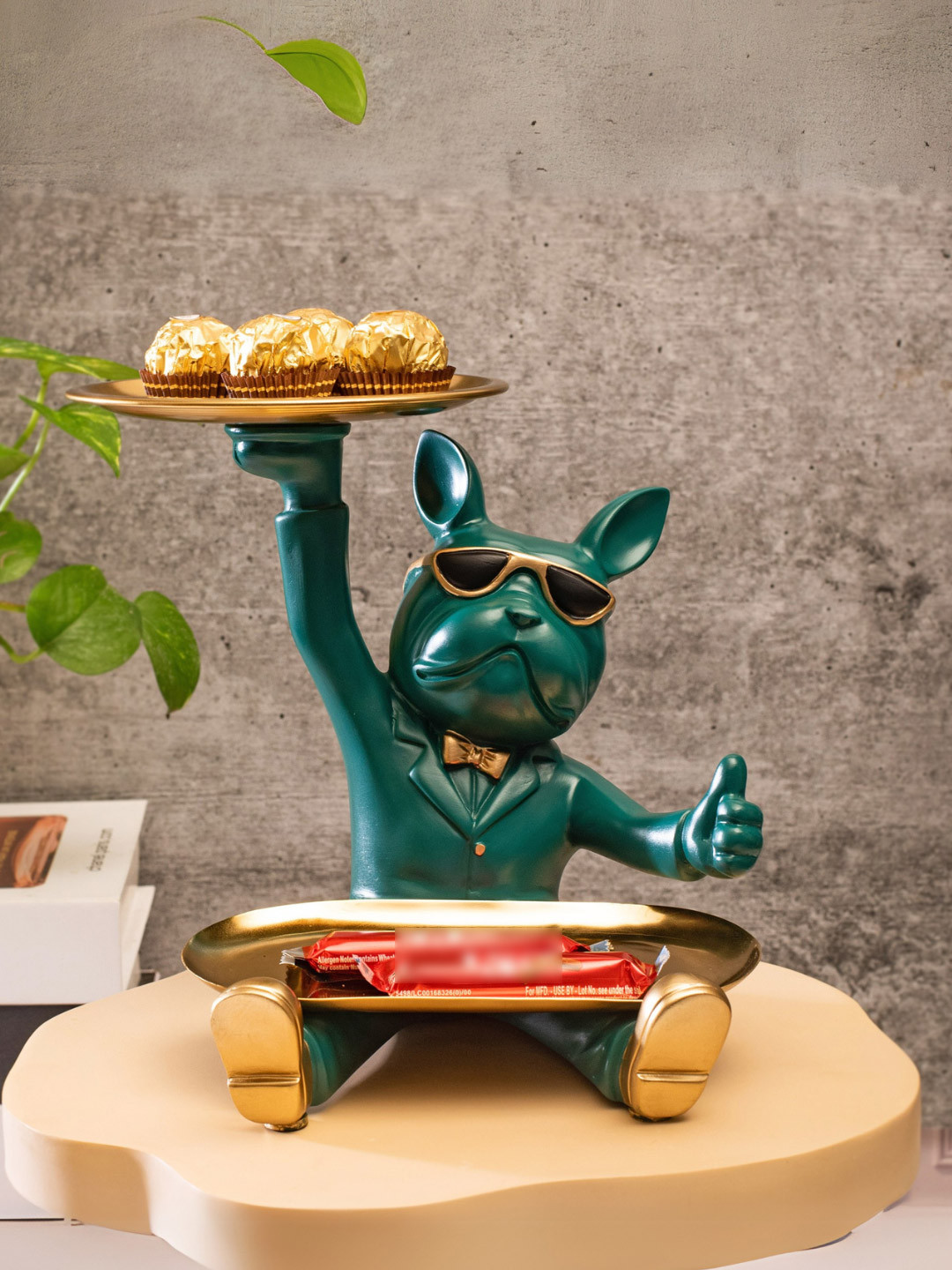 SMOKEY COCKTAIL Green French Bull Dog Double Tray Birds and Animals Figurine Showpiece