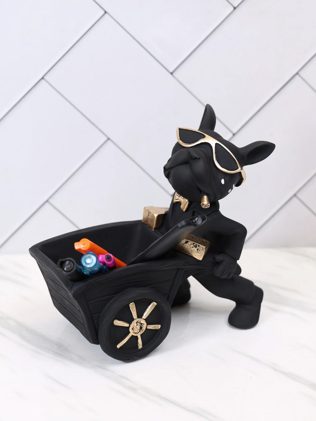 SMOKEY COCKTAIL Black Bulldog Carrying Cart Figurine Showpiece