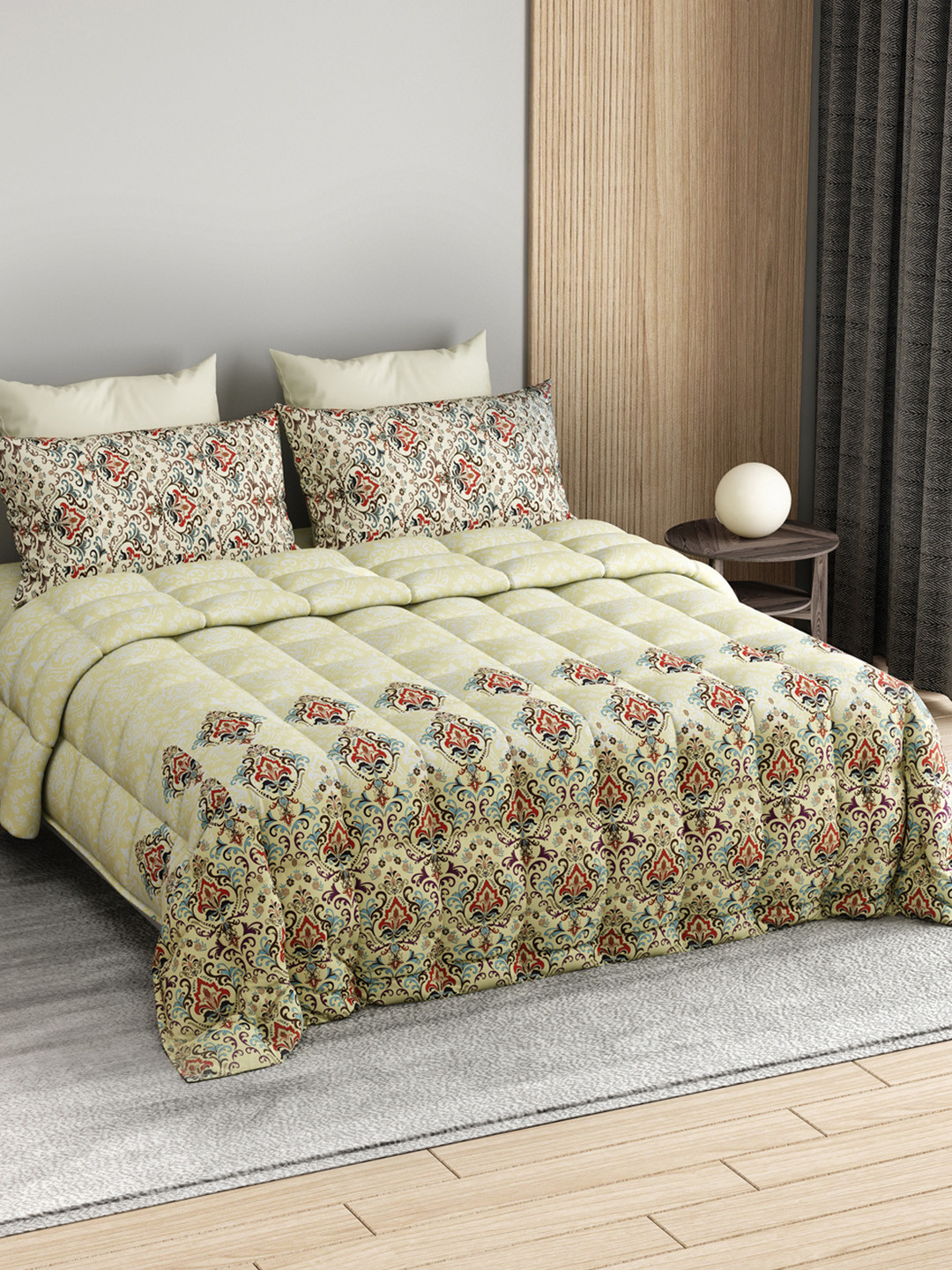 LABHAM Yellow & Red Printed Self Design Cotton Double King Superfine Bedding Set