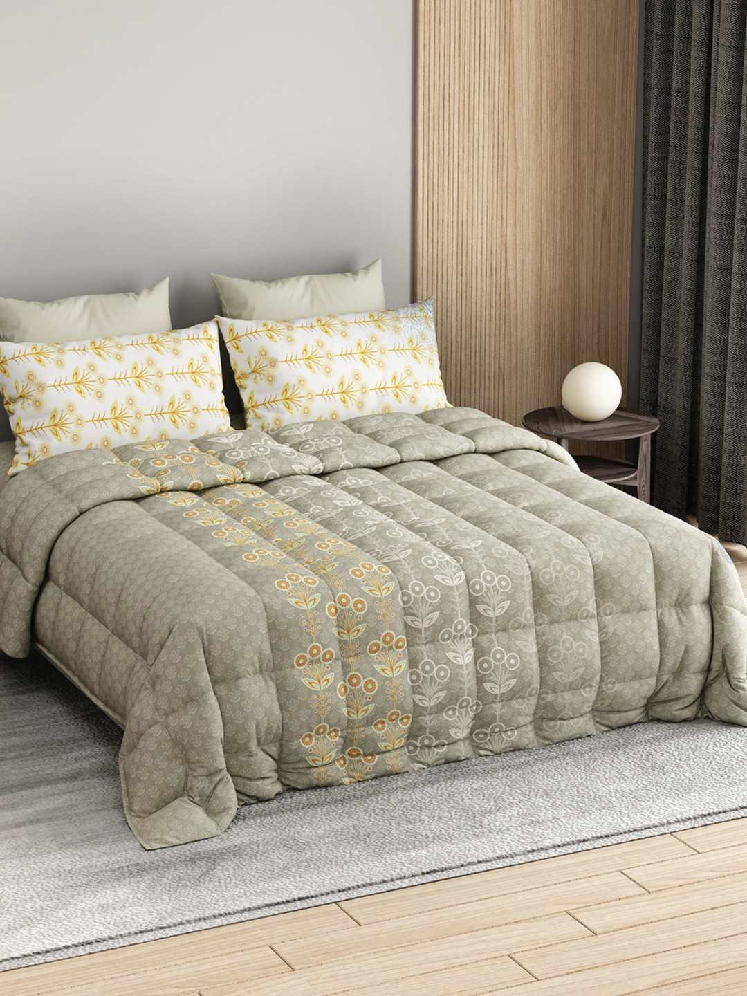 LABHAM Grey & Yellow Printed Self Design Pure Cotton Double King Superfine Bedding Set
