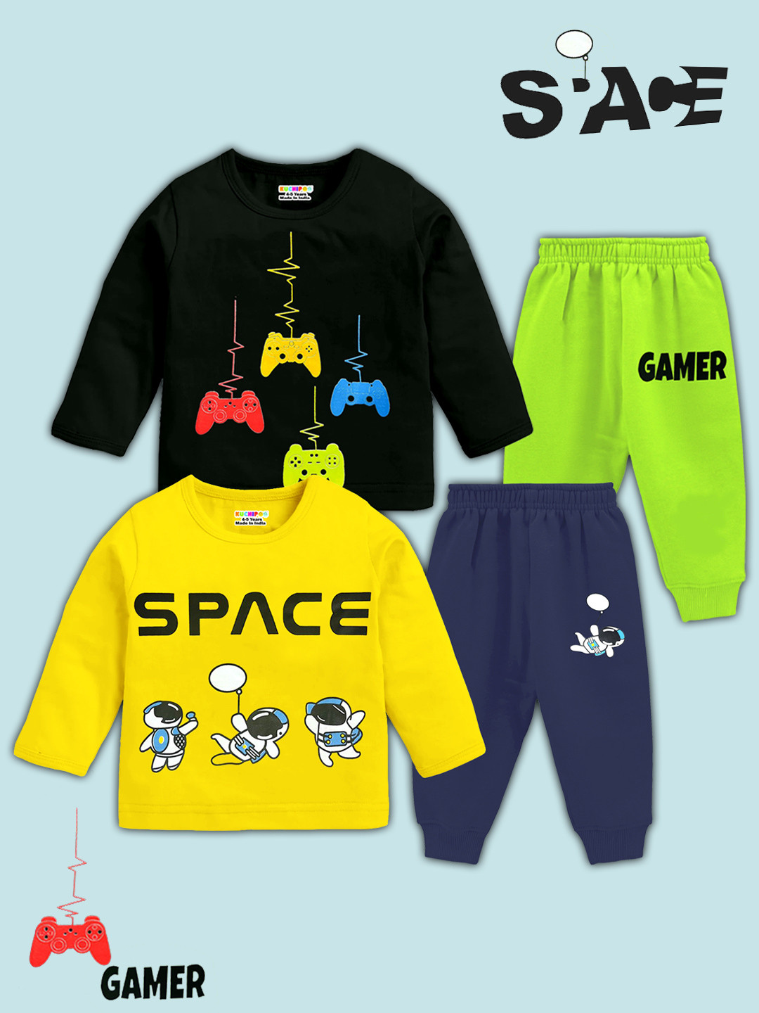 KUCHIPOO Boys Set Of 2 Printed Long Sleeves Cotton Blend T-shirts With Pyjamas