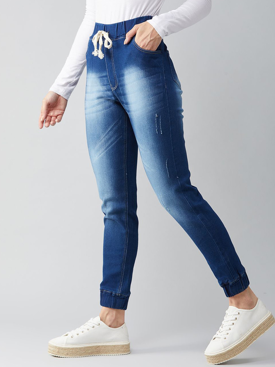 DOLCE CRUDO Relaxed Fit Mid Rise Regular Length Scraped Denim Stretchable Jogger Pants