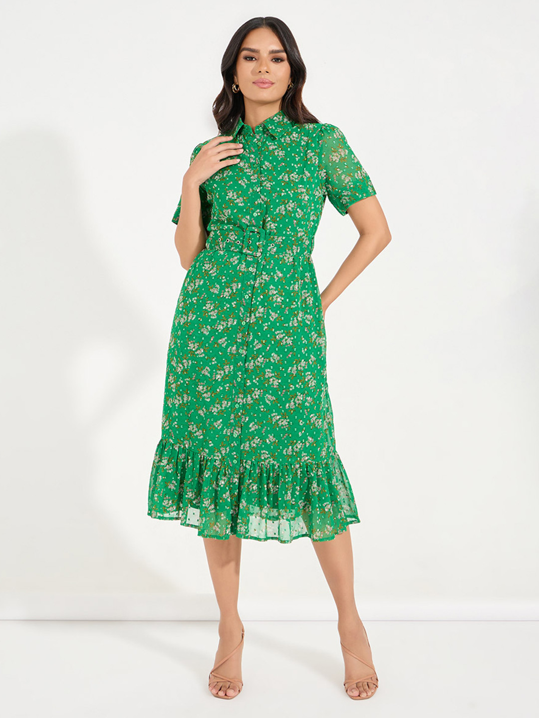 Styli Green Floral Printed Puff Sleeve Shirt Midi Dress With Belt