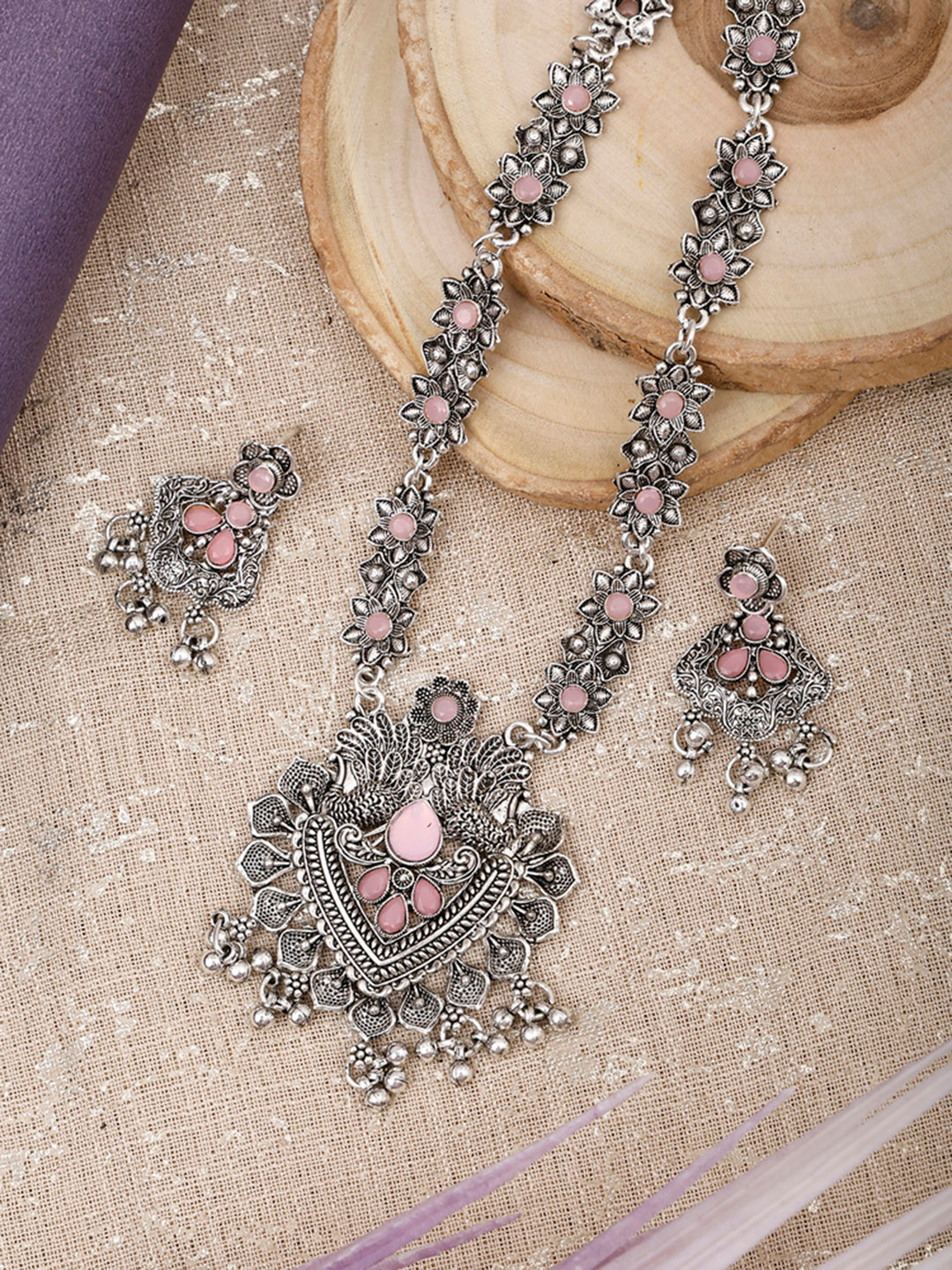 SUNHARI Silver-Plated Beaded Textured Jewellery Set