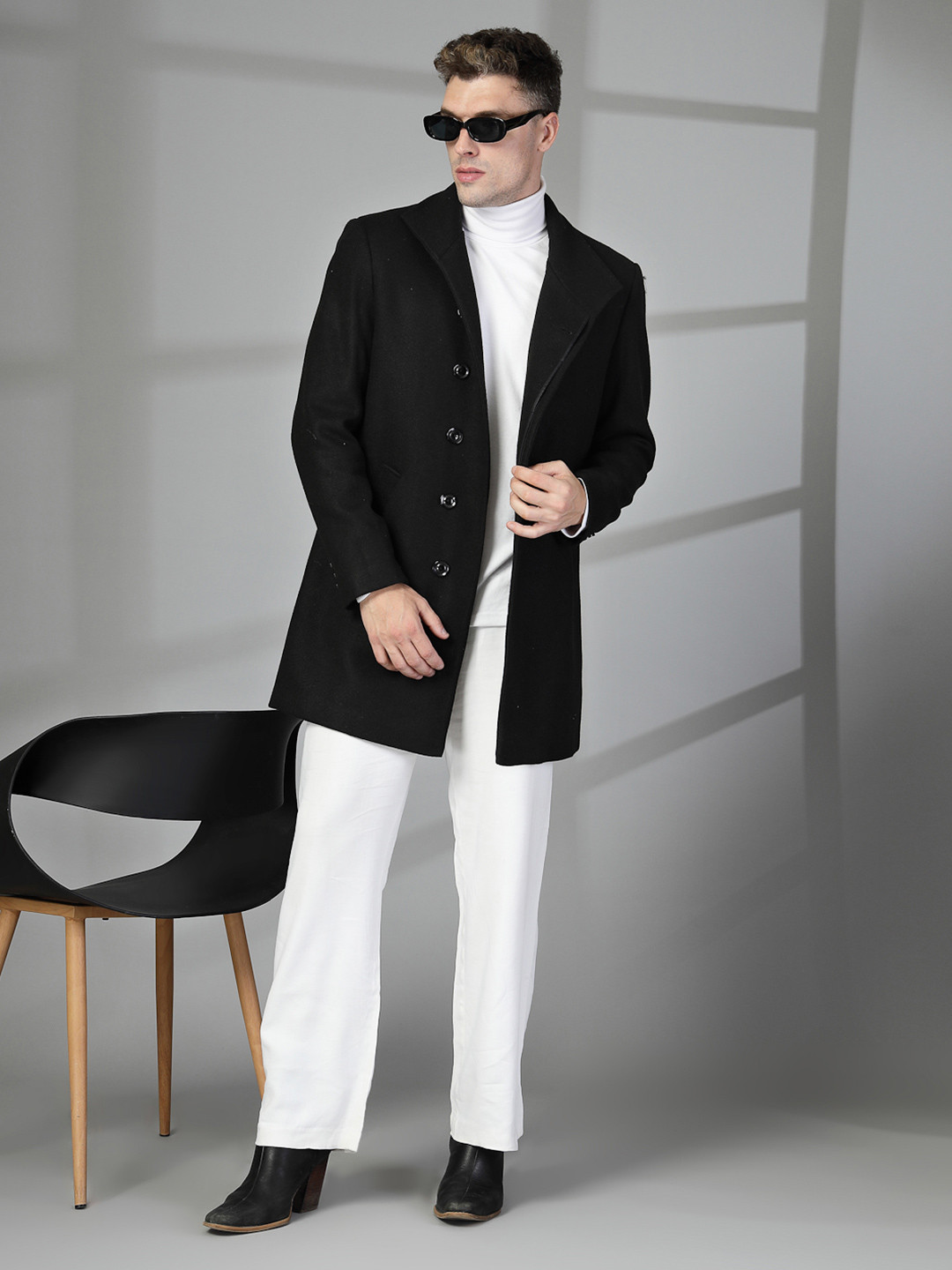 CHKOKKO Men Single-Breasted Long Sleeves Pea Coat