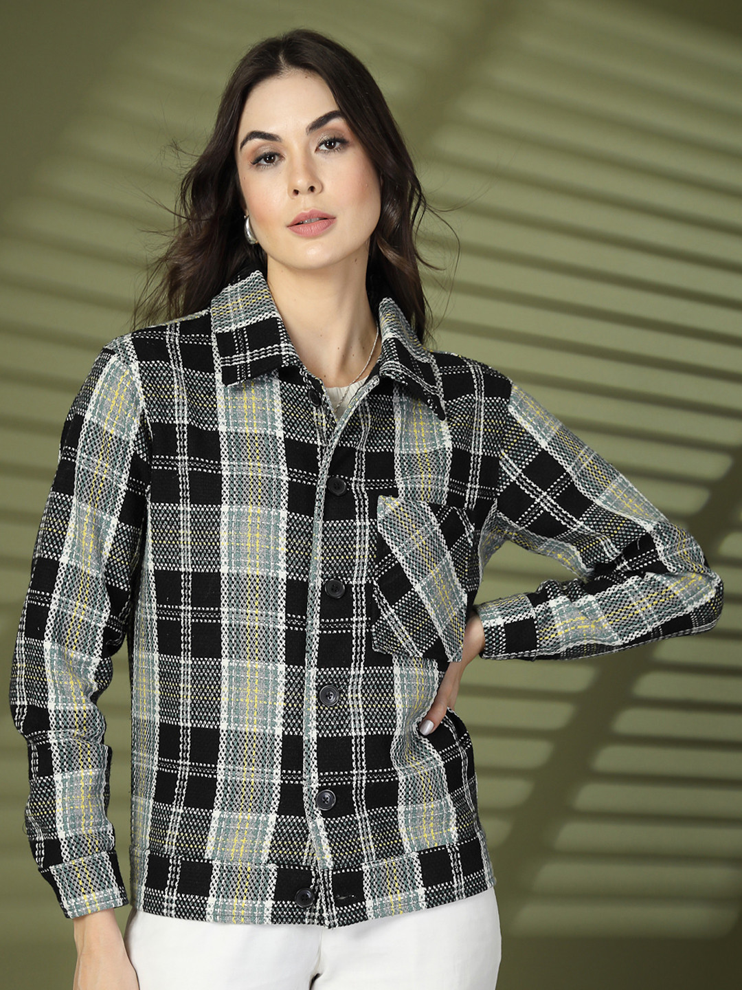 CHKOKKO Women Full Sleeves Spread Collar Checked Woolen button closure Shacket