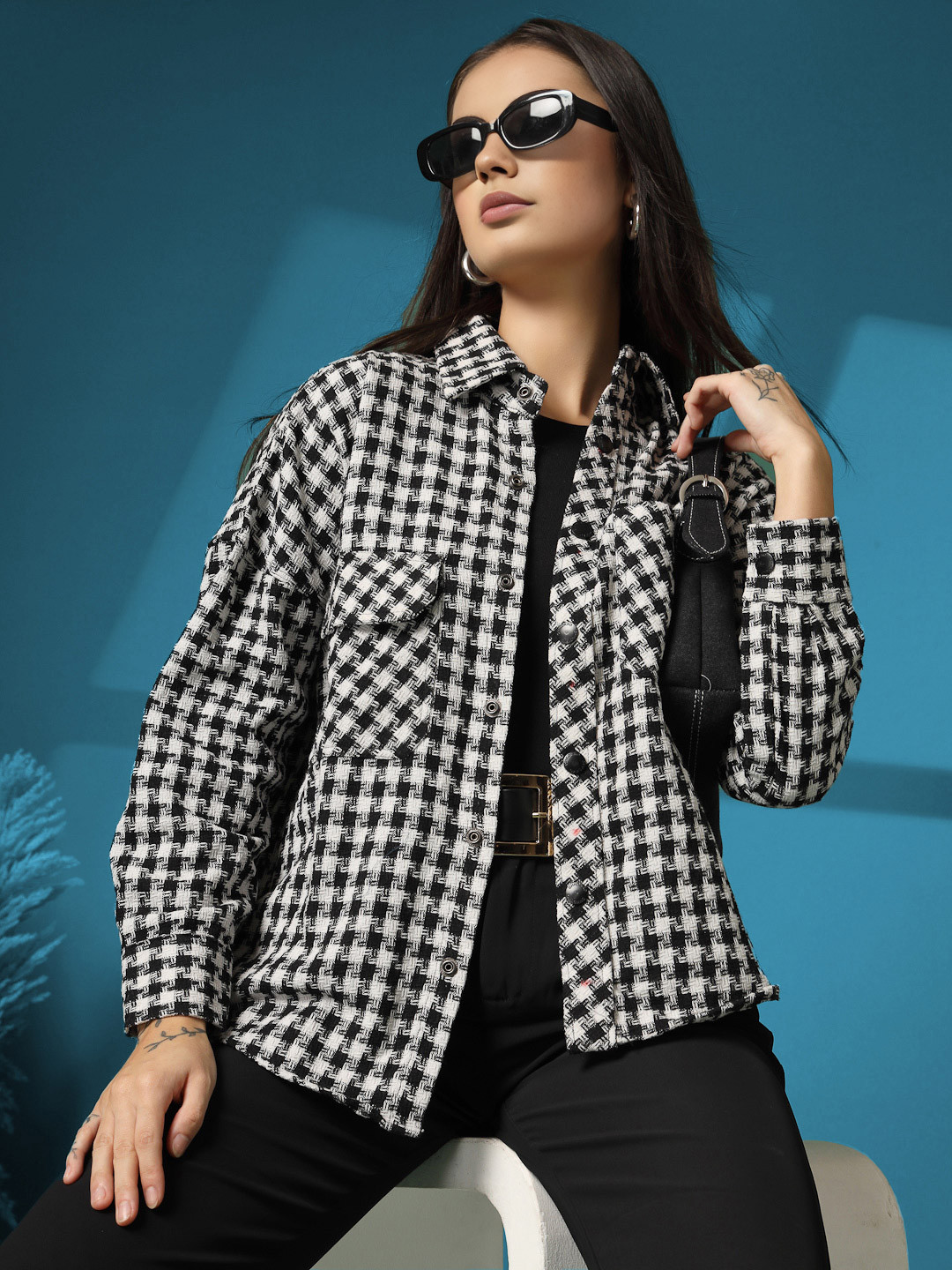CHKOKKO Women Checked Woolen Long Sleeves Spread Collar button closureShacket