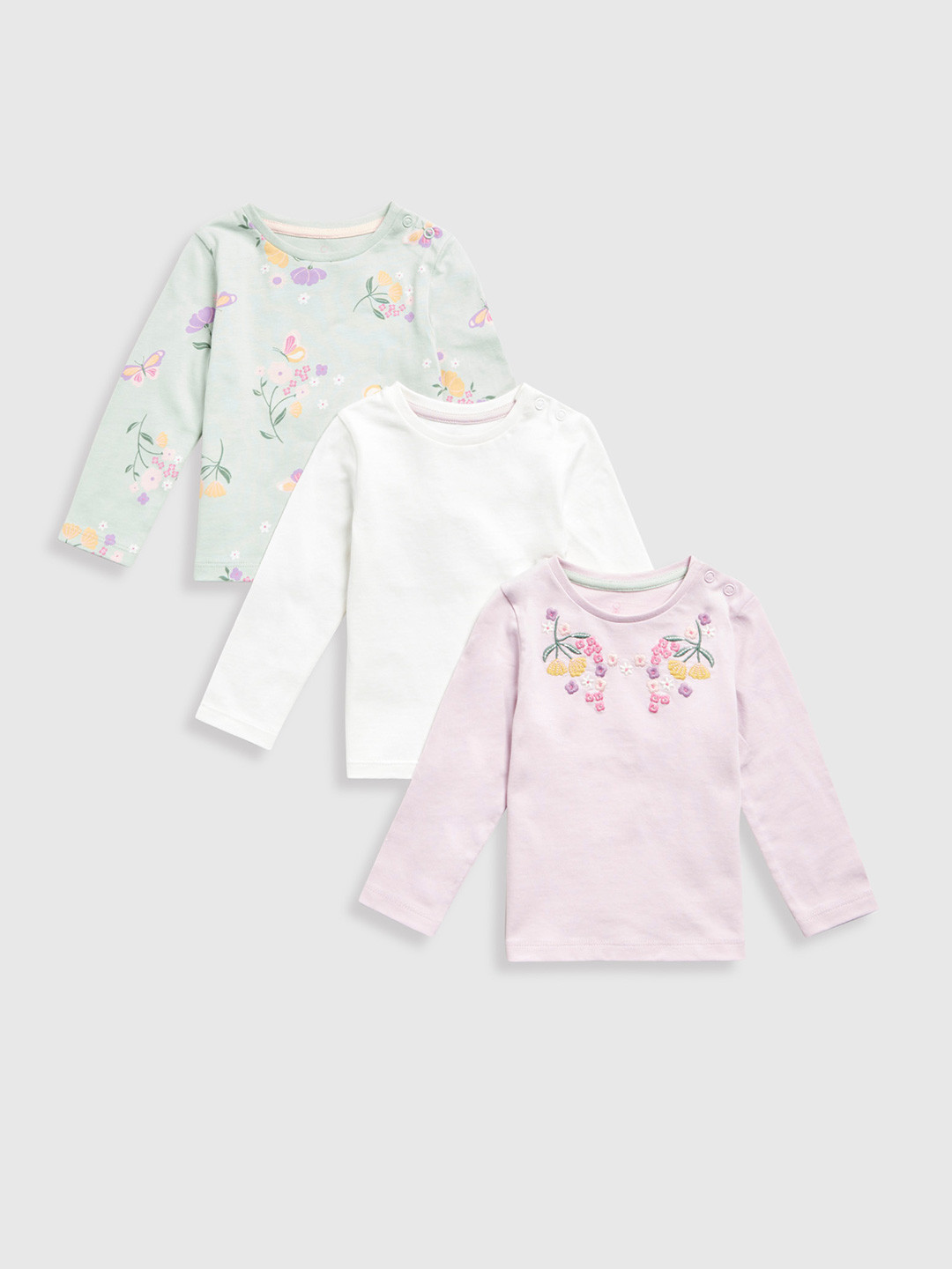 mothercare Girls Pack Of 3 Floral Embroidered Cotton T-shirts