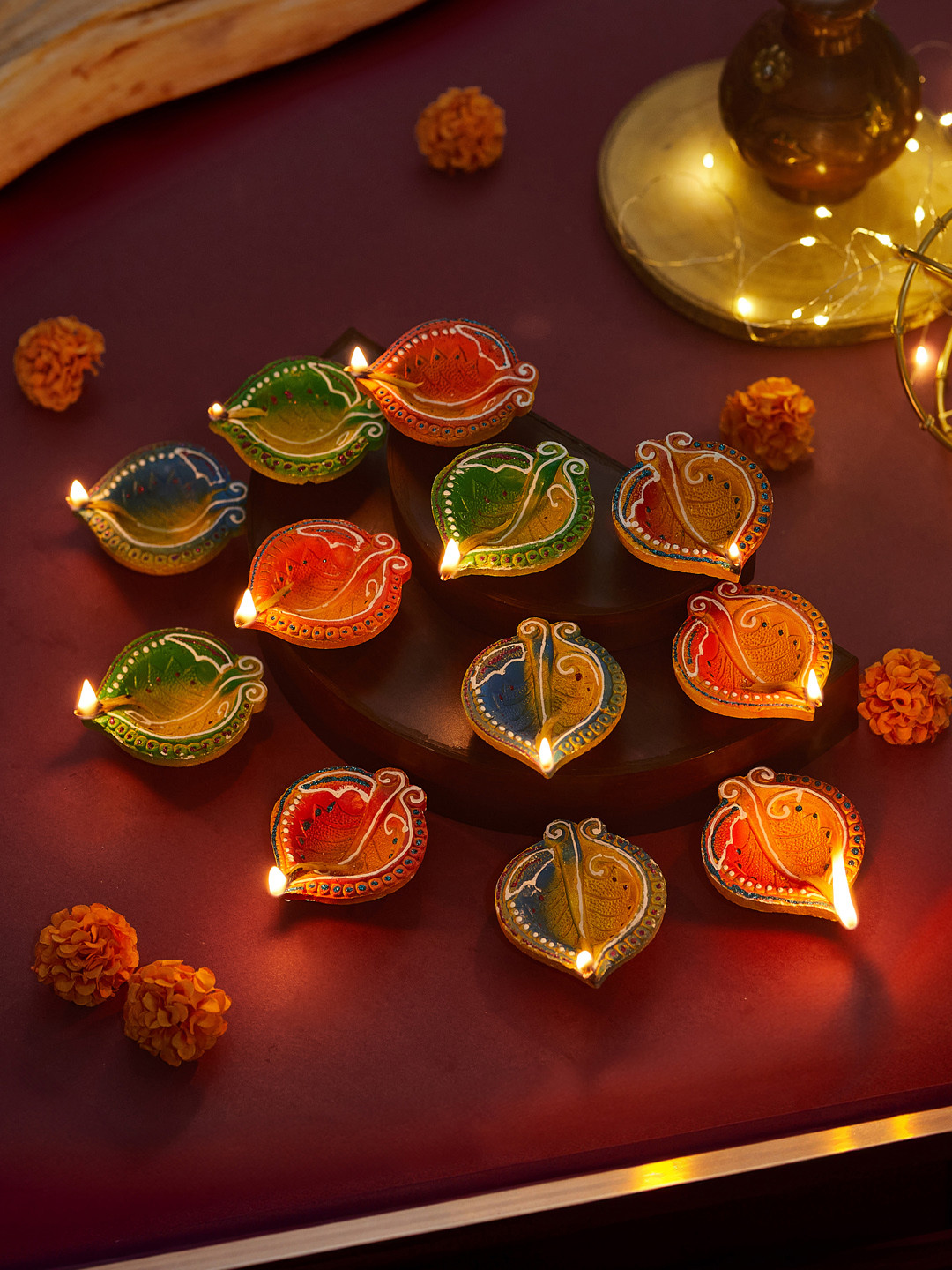 TIED RIBBONS Red & Yellow 12 Pcs Oil Diyas Pooja Essentials