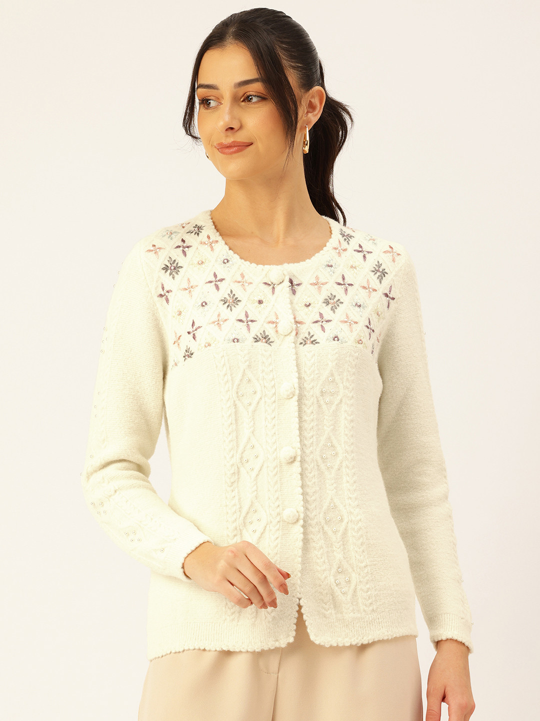 APSLEY Cable Knit Cardigan with Embellished Detail