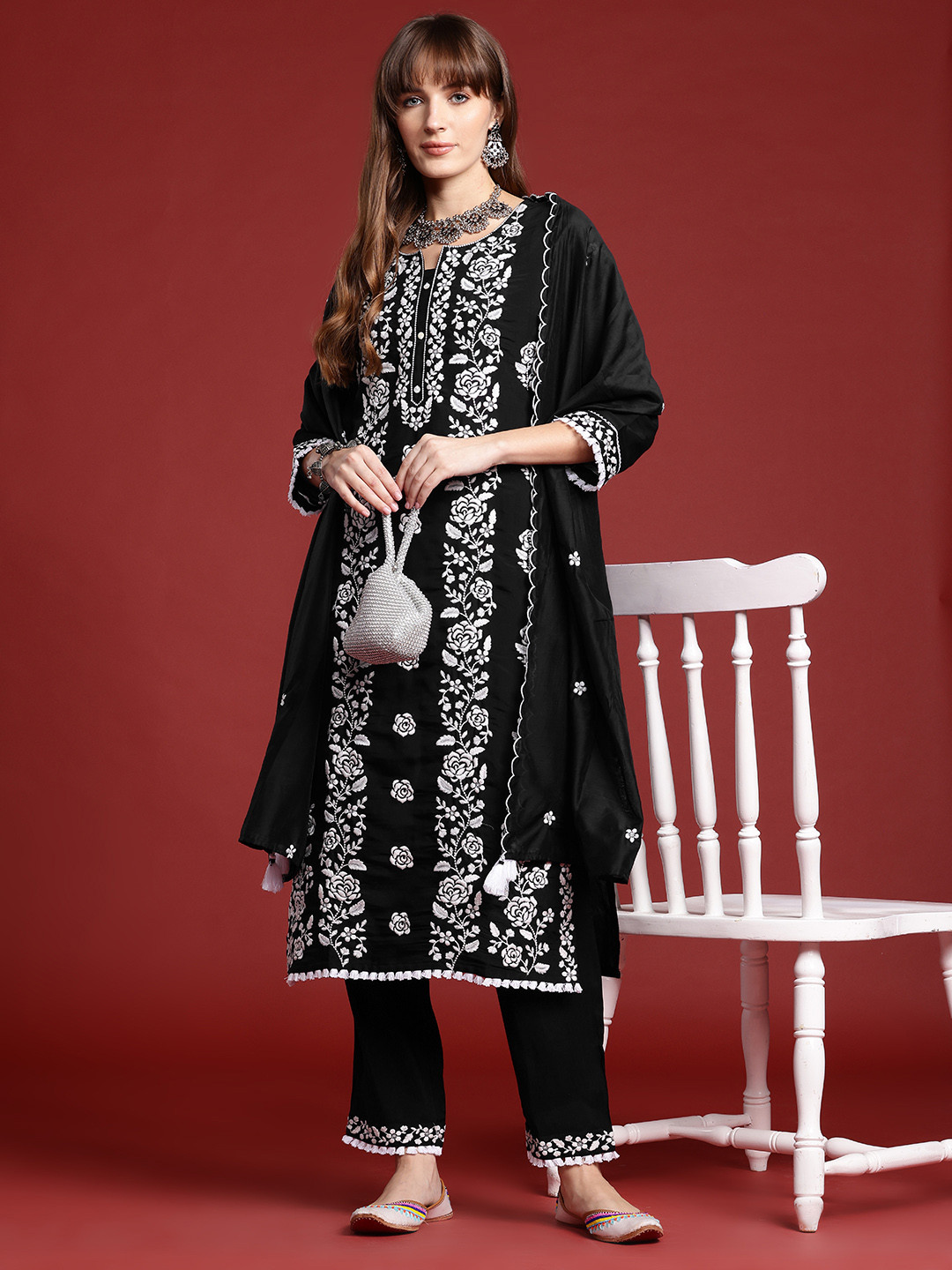 Indo Era Monochrome Floral Embroidered Tasseled Kurta with Trousers & Scalloped Dupatta