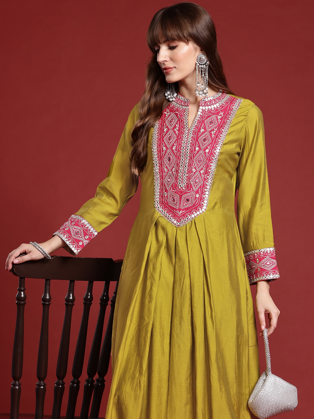 Indo Era Mirror Work Embroidered Pleated Work Kurta With Trousers - Kurta Sets for Women 30864359 | Myntra