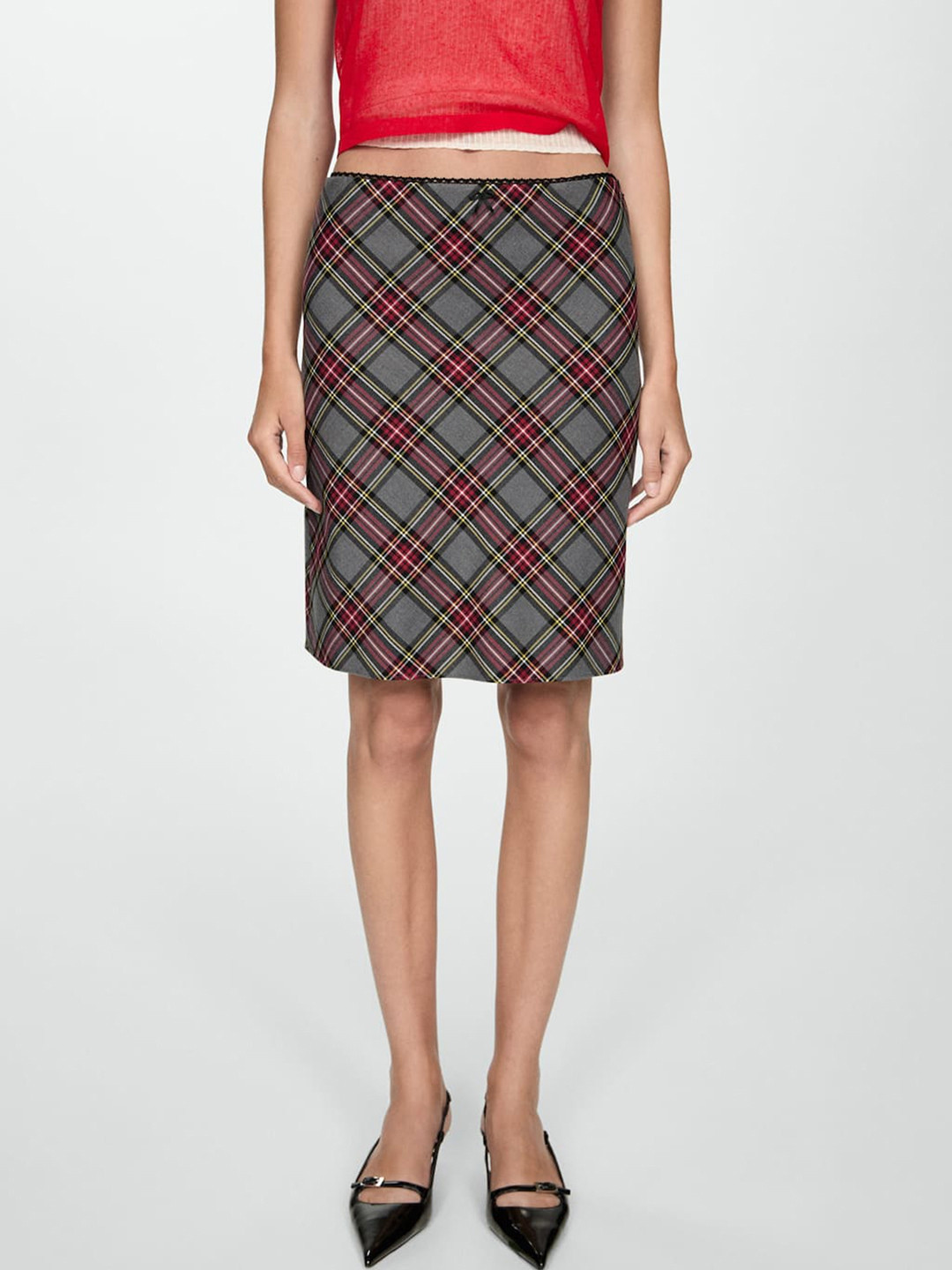 MANGO Lace Detailed Checkered Straight Skirt