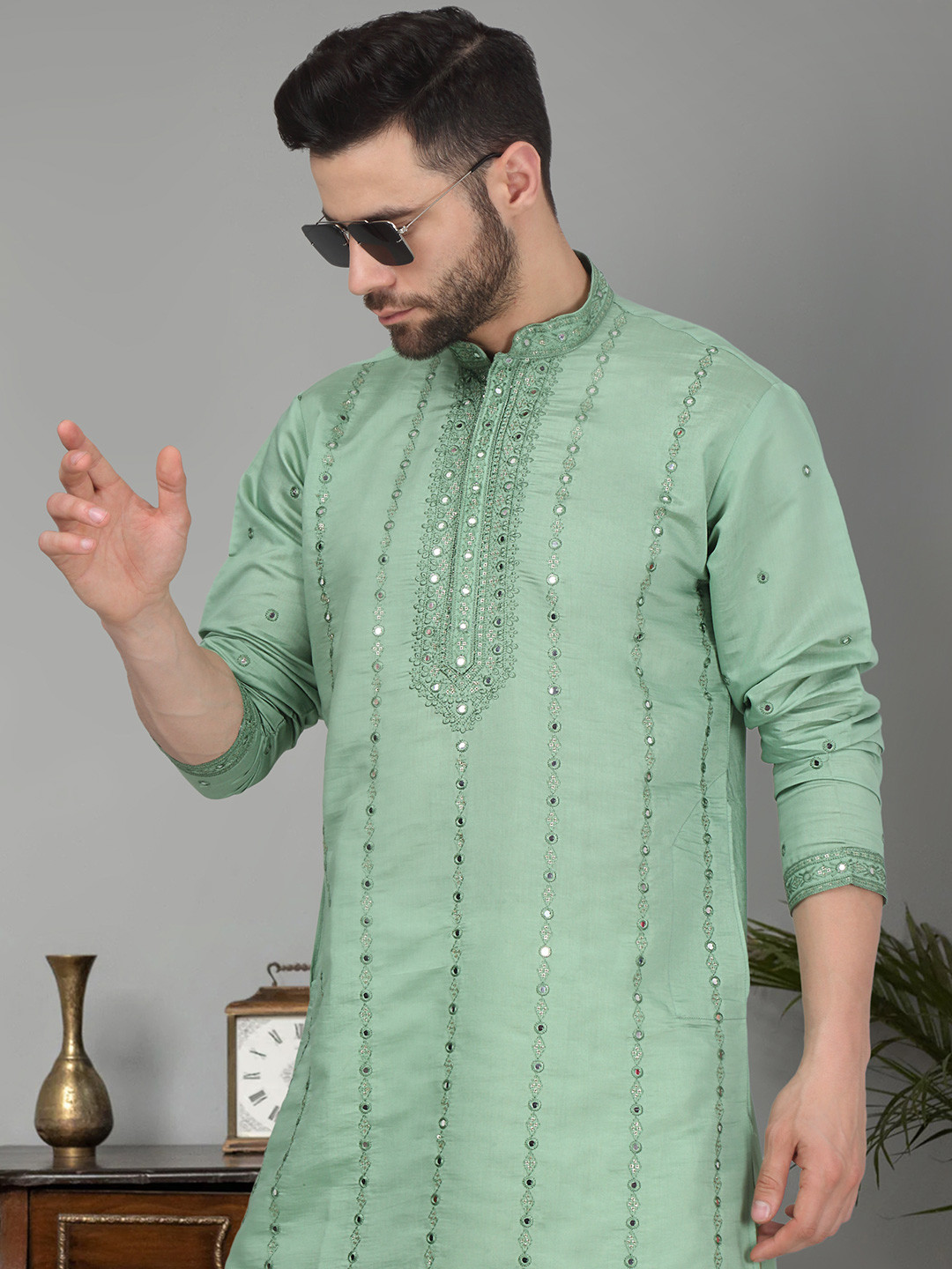 KRAFT INDIA LUXE Ethnic Motifs Embroidered Mirror Work Cotton Silk Straight Kurta