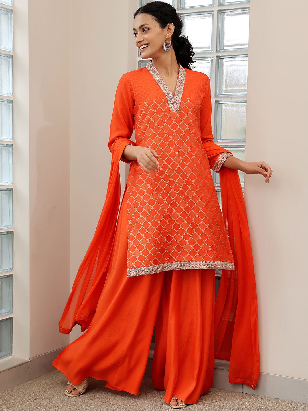 Libas V Neck Regular Sequinned Straight Kurti With Palazzos & Dupatta - Kurta Sets for Women 30869713 | Myntra