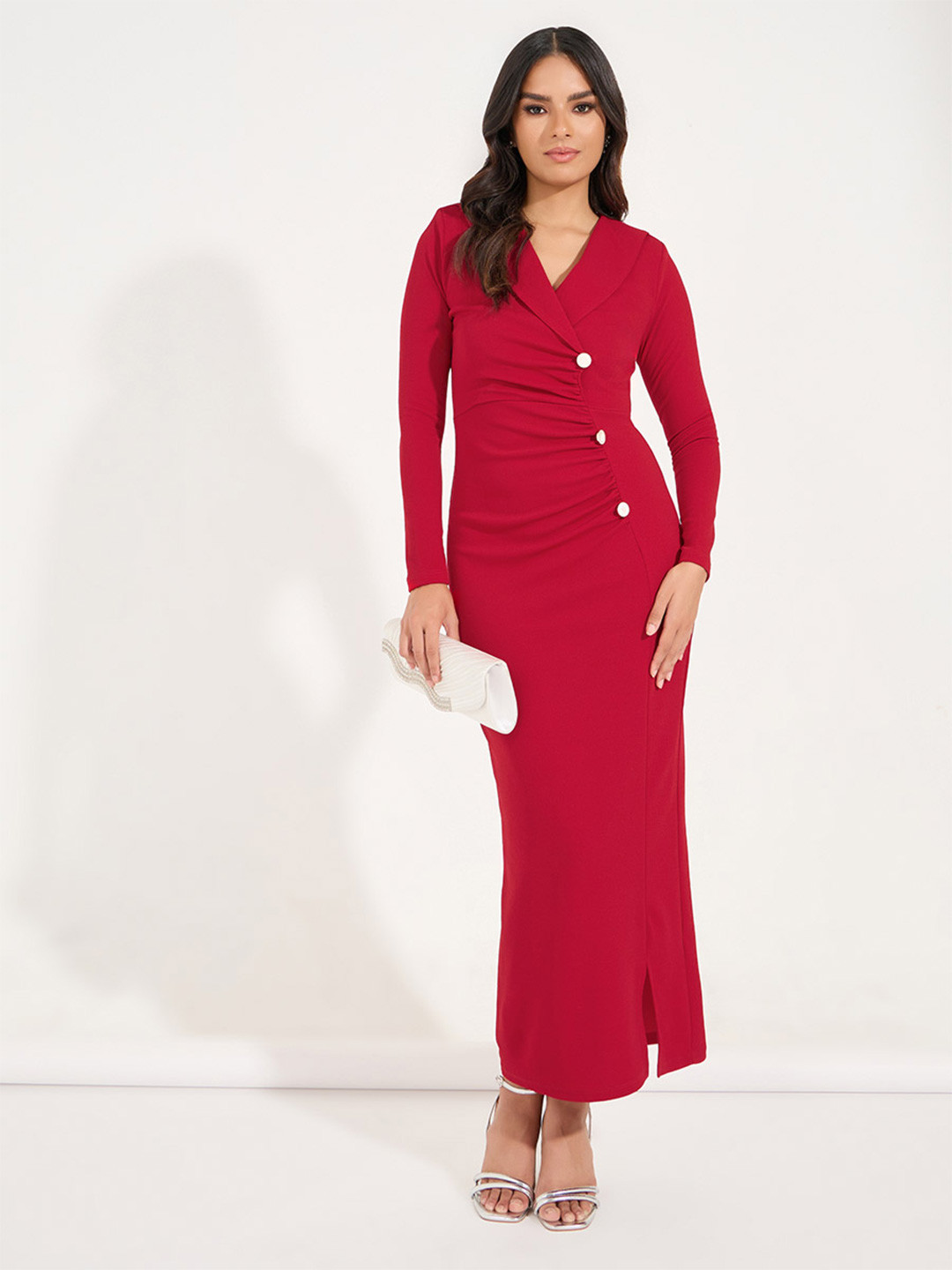 Styli Women Solid Gathered Button Detail Fitted Blazer Maxi Dress