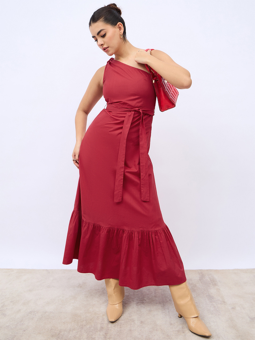 Styli Red One Shoulder Tiered Cotton Maxi Dress with Waist Tie-Up Detail