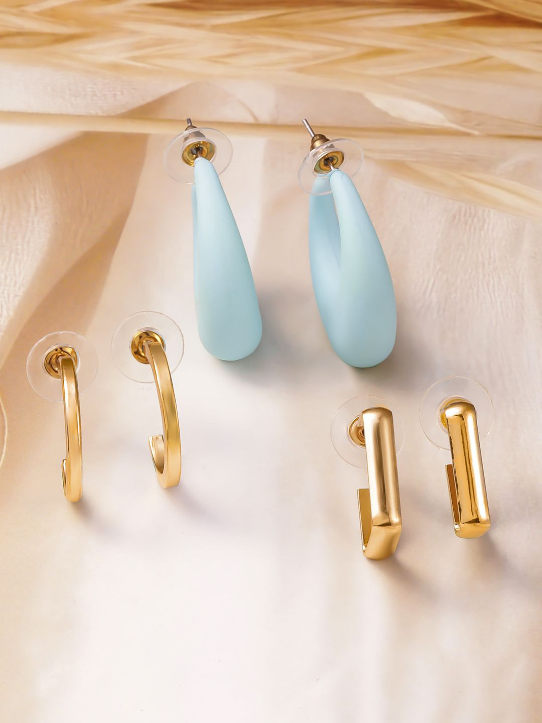 Rubans Set of 3 Earrings with Gold Plated Hoops, Blue Teardrop, and Geometric Design