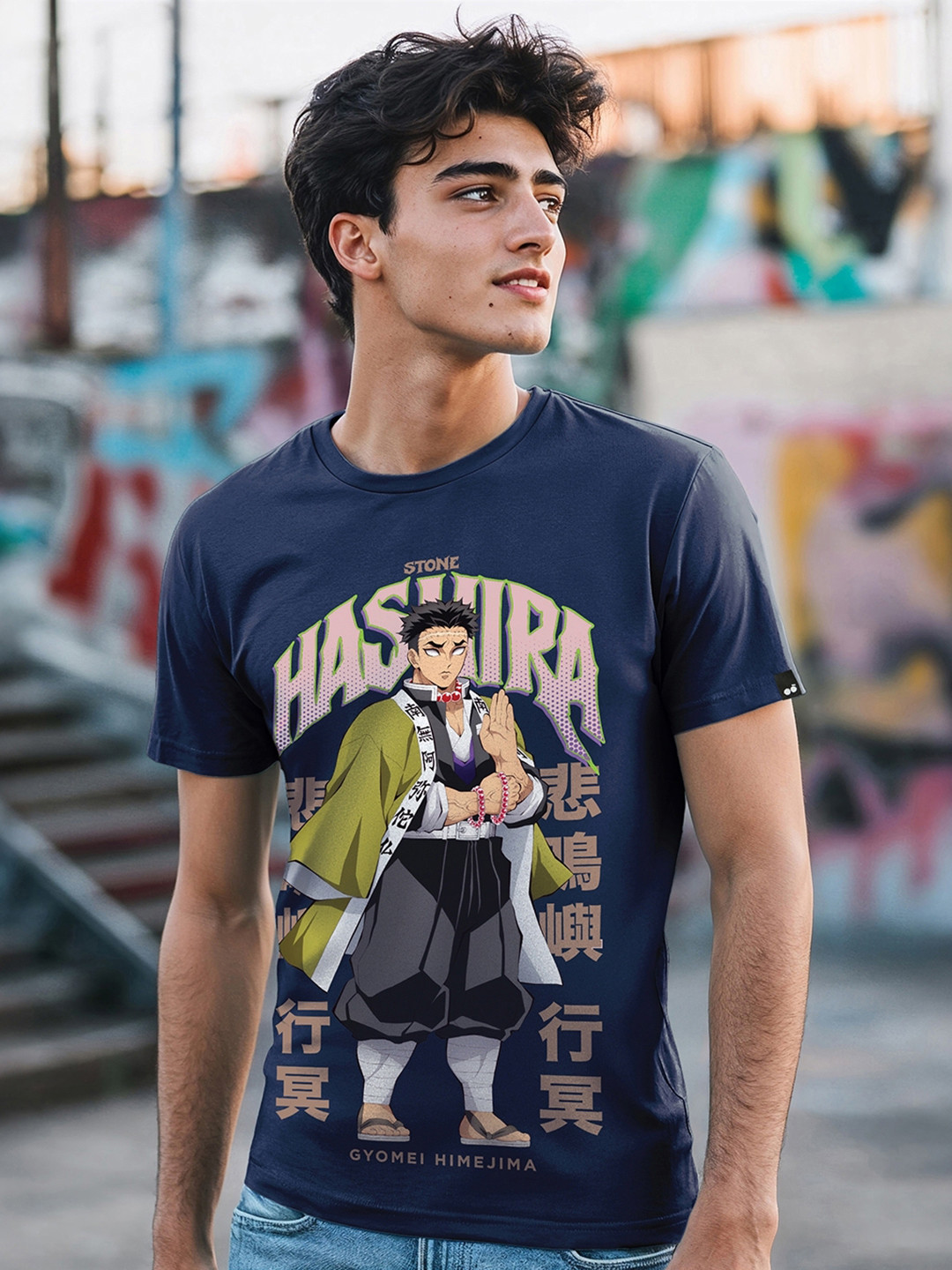 Bewakoof Official Demon Slayer  Men's Blue Gyomi Stone Hashira Graphic Printed T-shirt