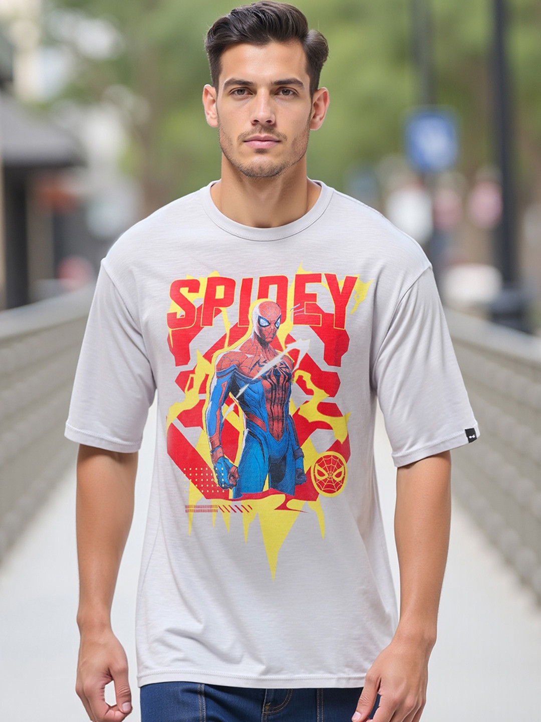 Bewakoof Air 1.0 Men Vapour Blue Spidey Graphic Printed Oversized T-shirt