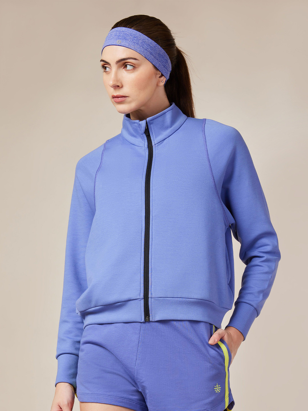 Women's Blue Cotton Mock Neck Full Sleeves Training Champion Jacket