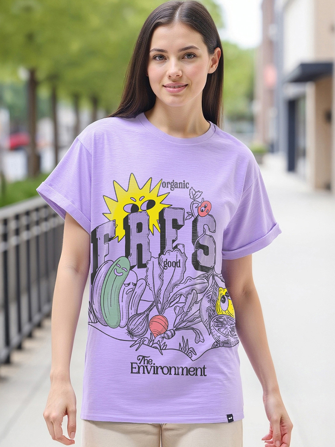 Bewakoof Air 1.0 Women Purple Goodness of Fresh Graphic Printed Boyfriend Fit T-shirt