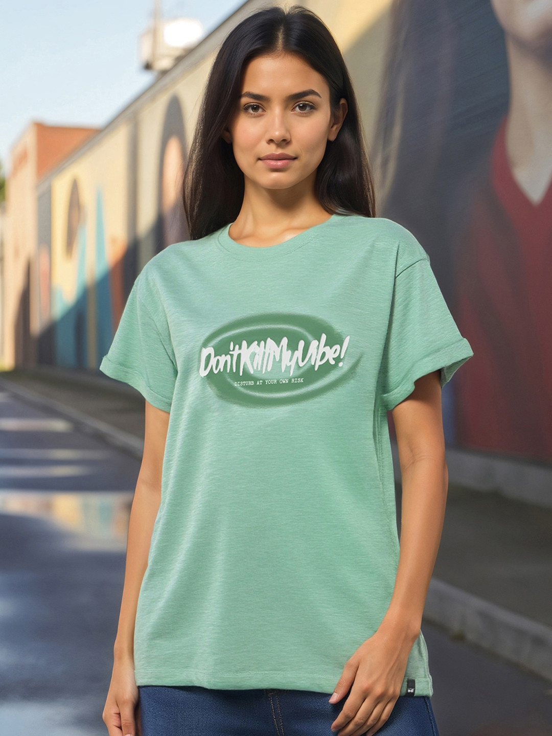 Bewakoof Air 1.0 Women Granite Green Dont Kill My Vibe Typography Boyfriend Fit T-shirt