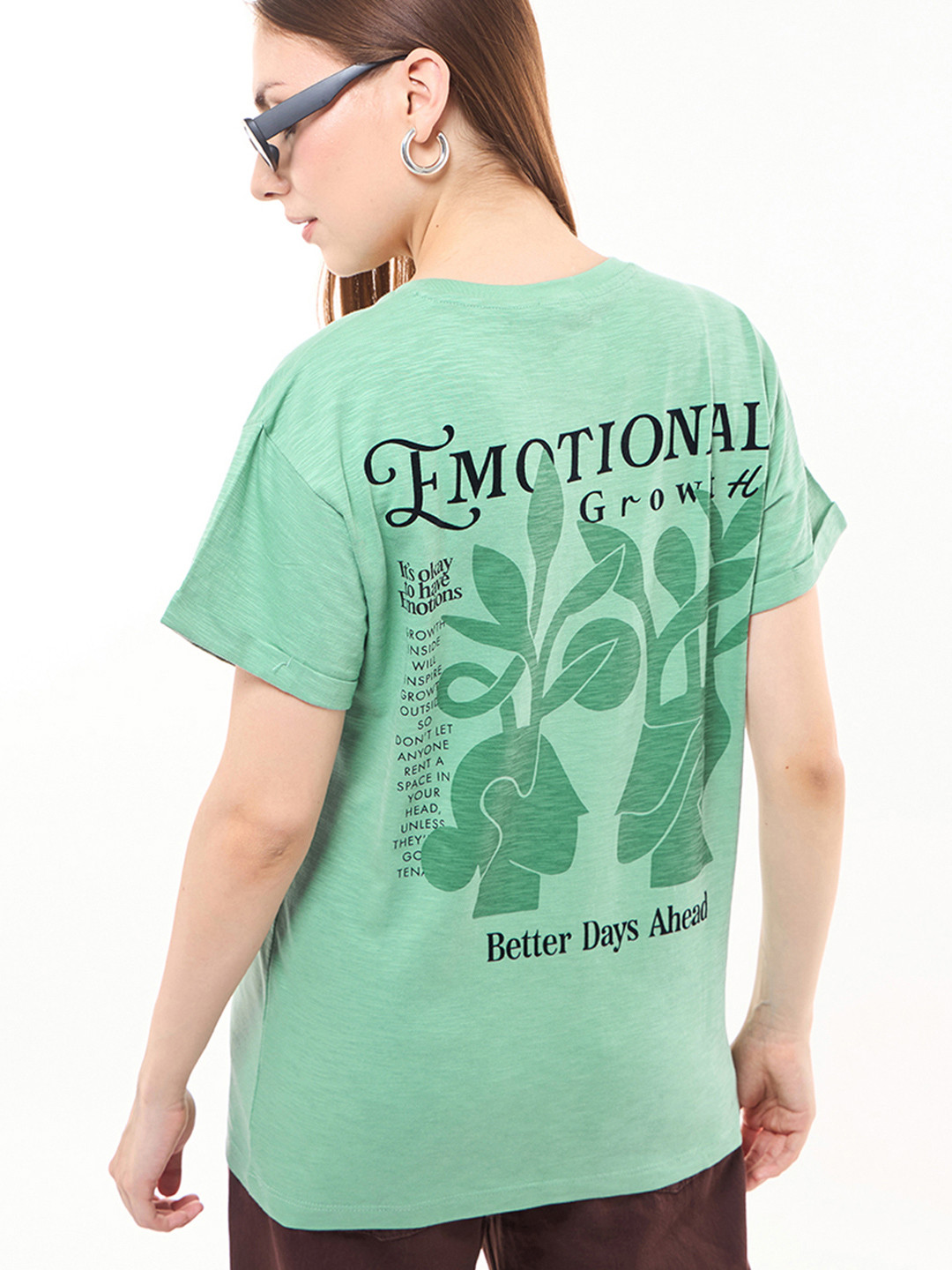 Bewakoof Air 1.0 Women Granite Green Emotional Growth Graphic Printed Boyfriend T-shirt