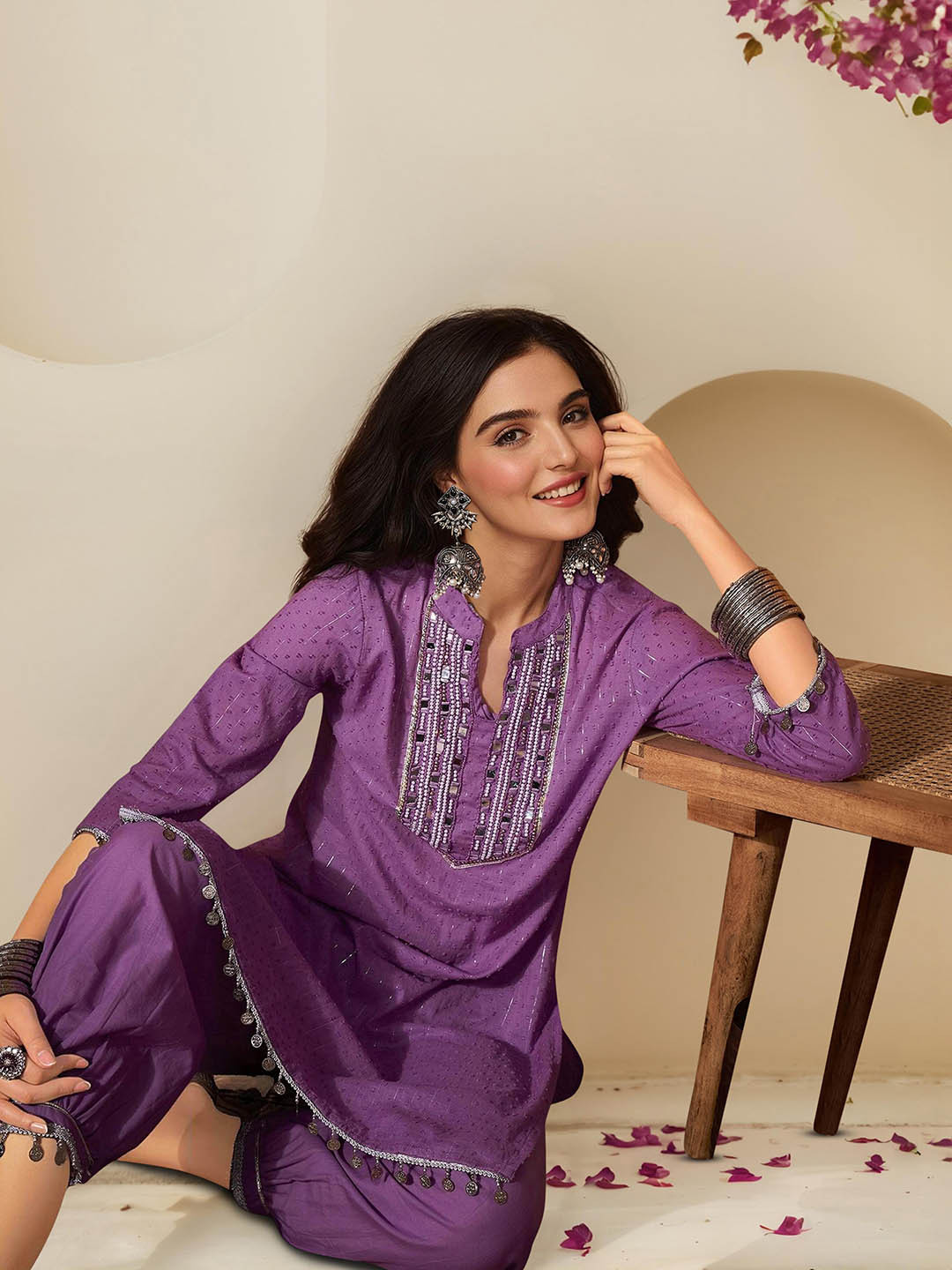 Ishin Woven Design Embroidered Mirror Work Pure Cotton Straight Kurta With Salwar