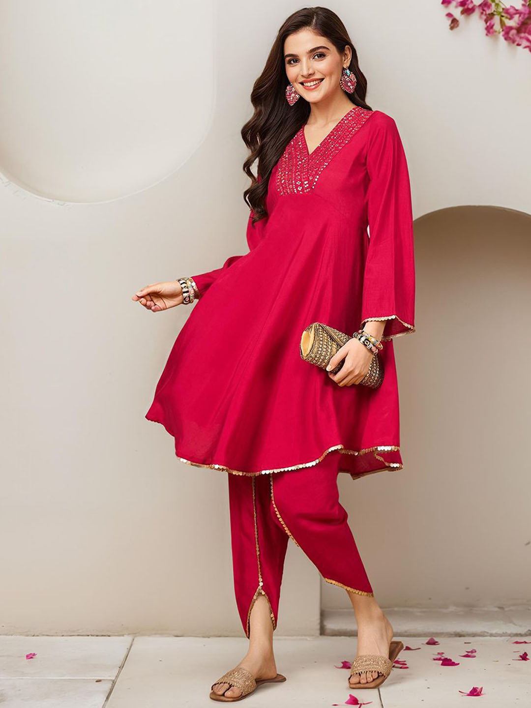 Ishin Ethnic Motifs Embroidere Sequinned Pure Cotton A-Line Fusion Kurta With Dhoti Pants
