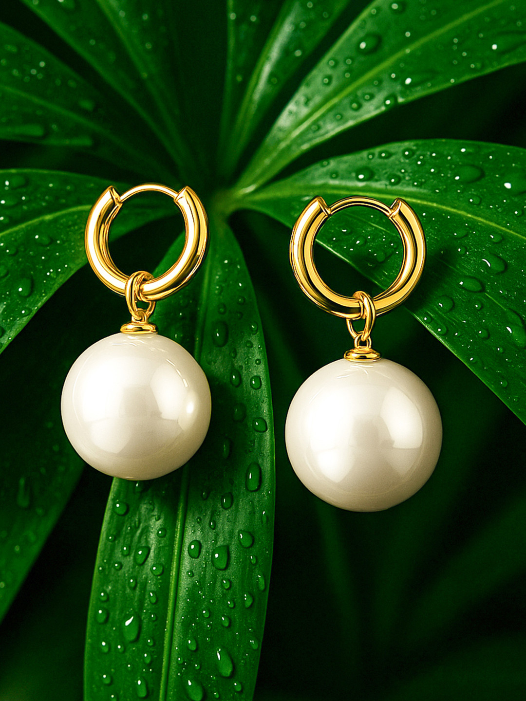 Rubans 18K Gold Plated Hoop Earrings with Oversized Cream Pearl Drops