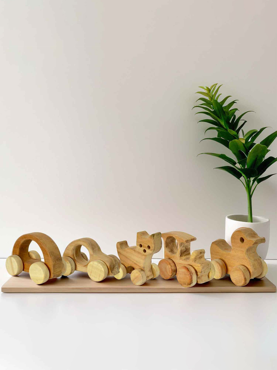 LITTLE GINNIE Kids Set Of 5 Neem Wood Cat Nano Car Tractor Duck Motor Car Wheel Toy