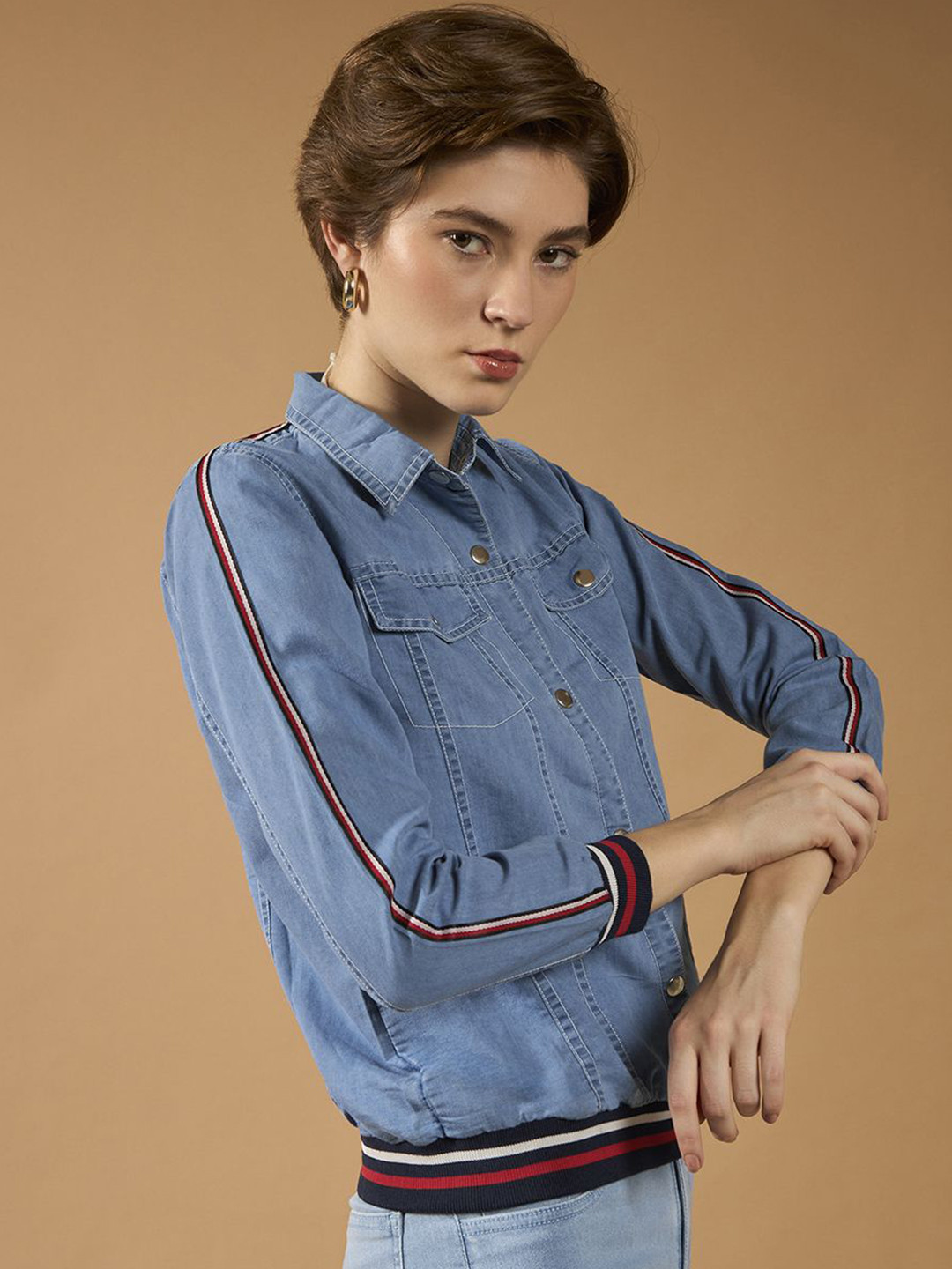 The Roadster Lifestyle Co. Women Cotton Solid Detail Bomber Denim Jacket