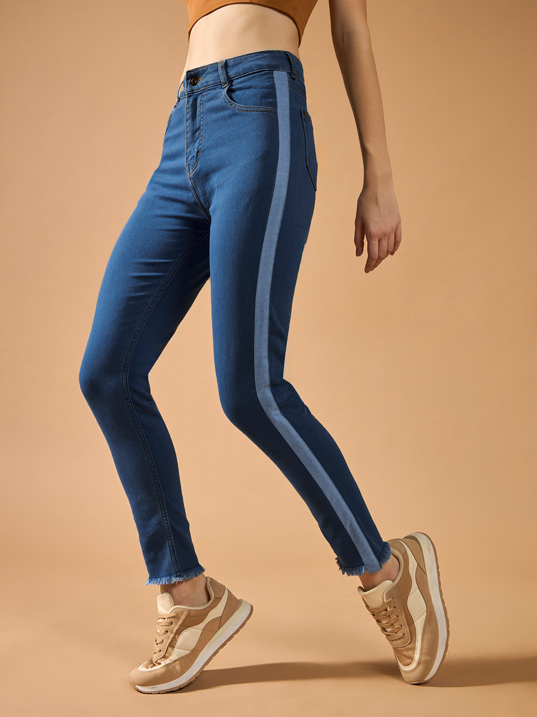 The Lifestyle Co.Women Skinny High Rise Fringe Silky Denim Tape Detailing Denim Jeans