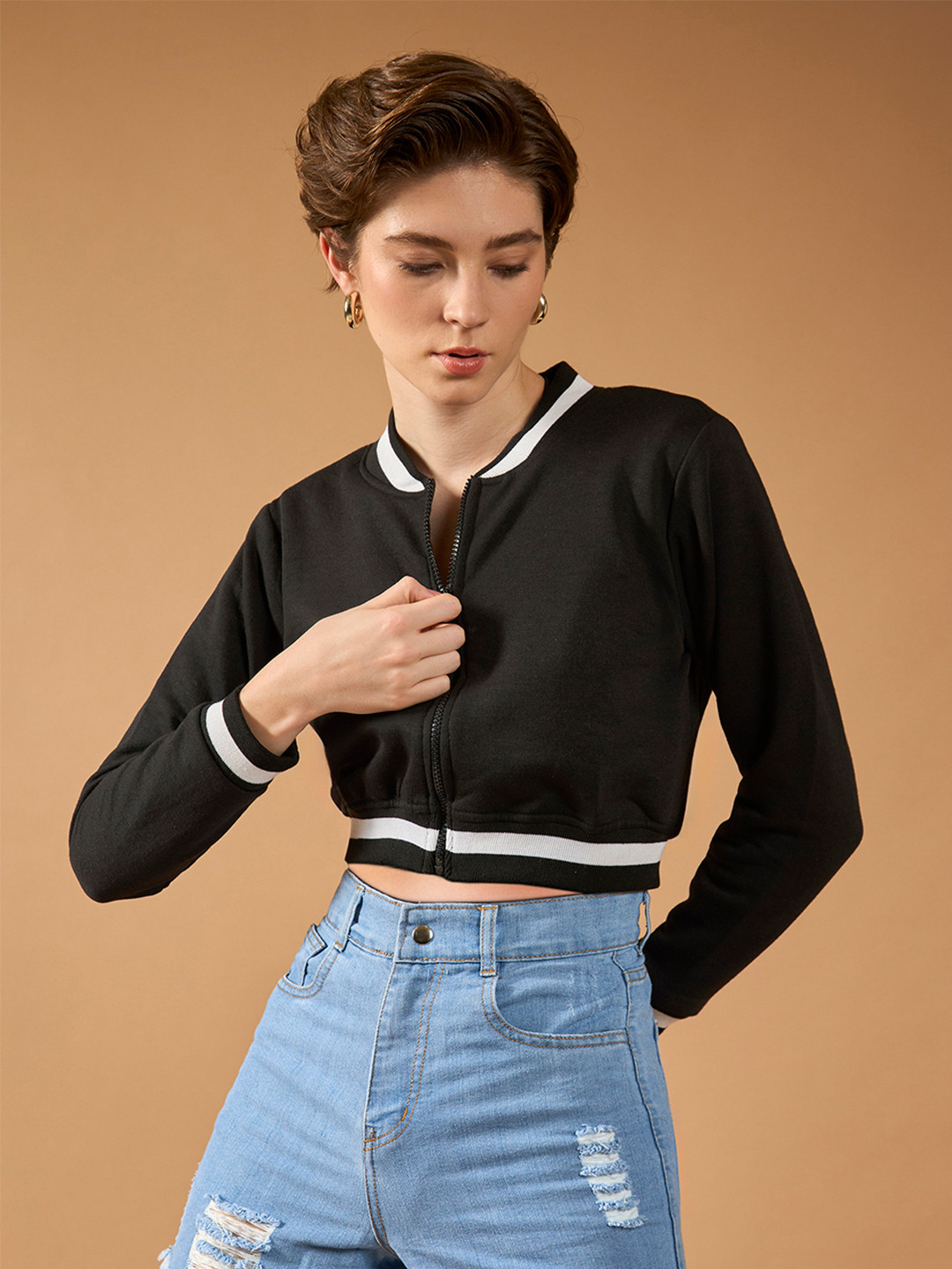 The Roadster Women V-Neck Full Sleeves Loop knit, Rib Solid Bomber Cropped Jacket