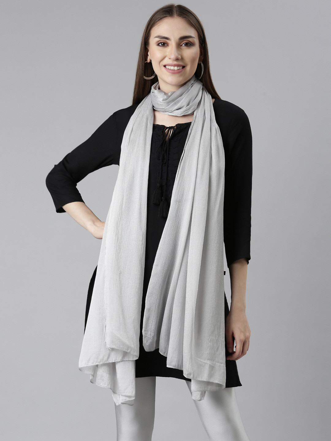 TWIN BIRDS Solid Silver Shimmer Light-weight Dupatta