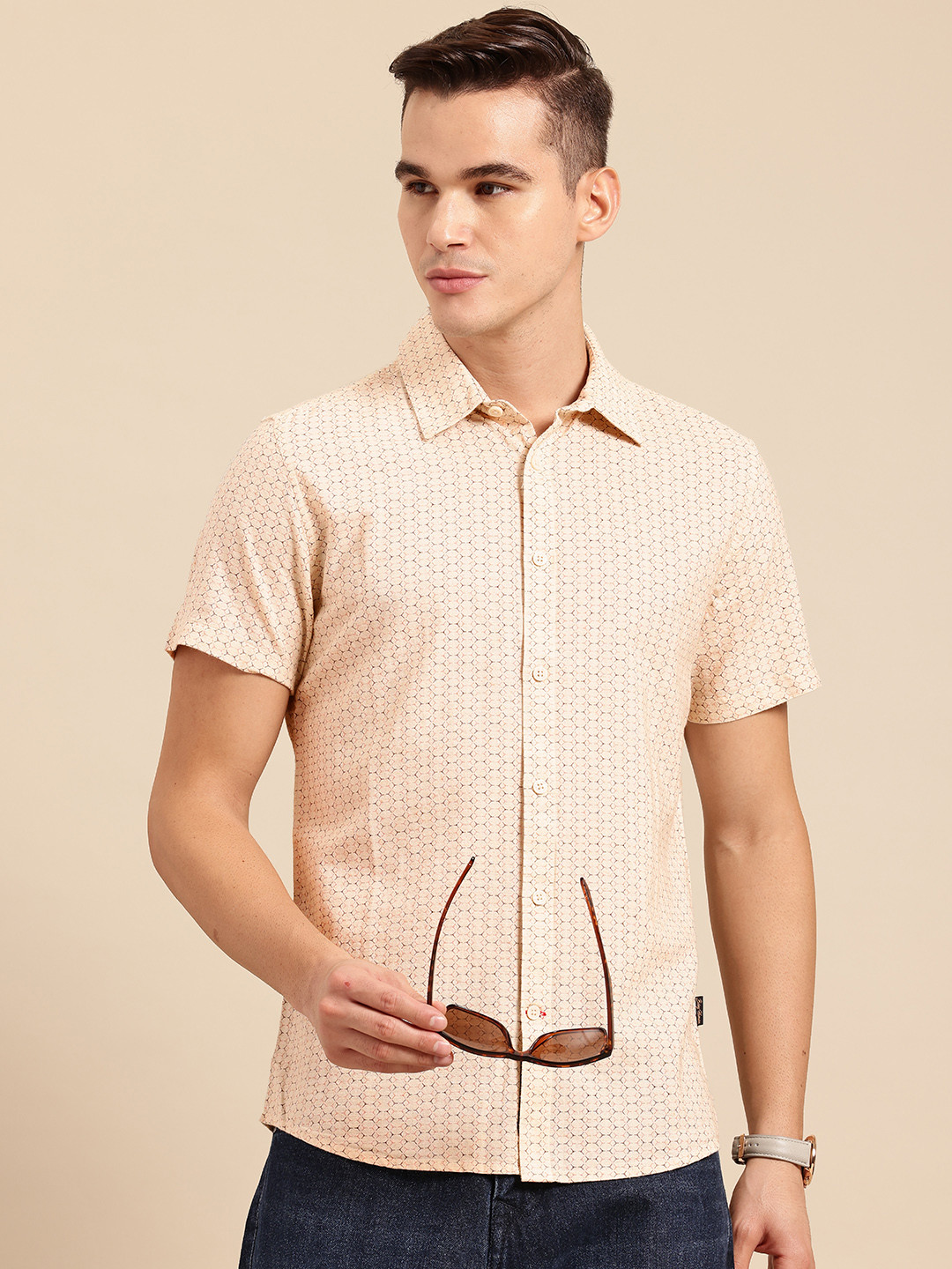 Being Human Cotton Linen Geometric Printed Classic Slim Fit Shirt