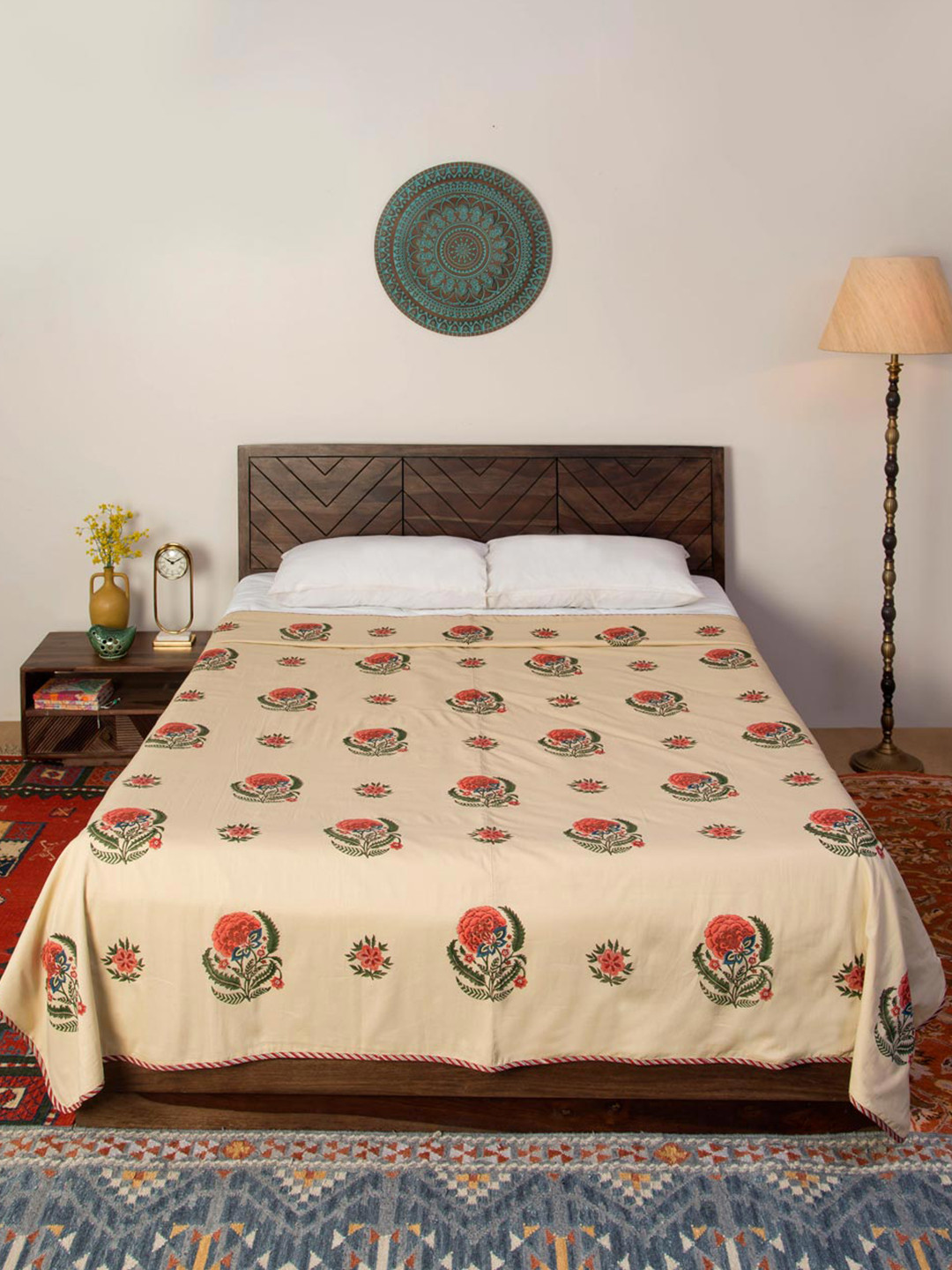 Fabindia Gulzar Red & Beige Floral Printed Cotton AC Room Double Bed Dohar