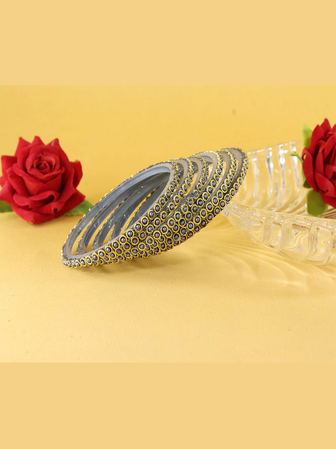 NMII Set Of 12 Beaded & Moti Work Glass Bangles
