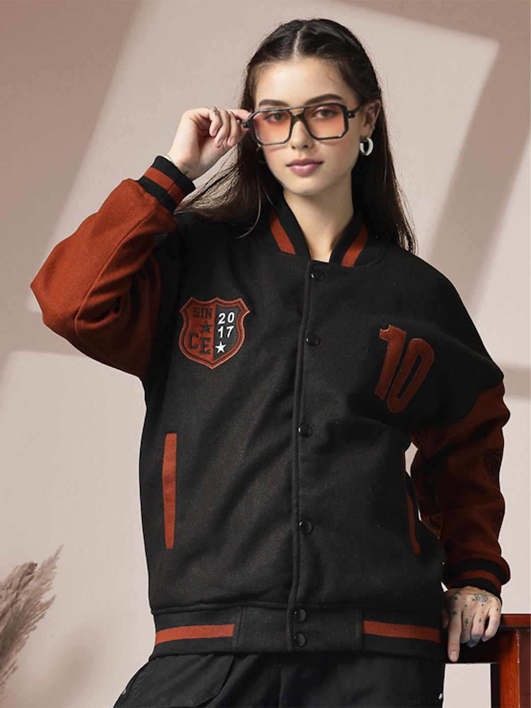 CHKOKKO Women Woollen Oversized Patchwork Varsity Jacket