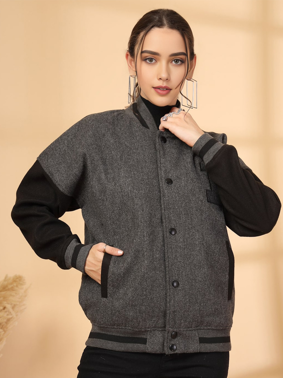 CHKOKKO Women Oversized Winter Wear Varsity Jacket